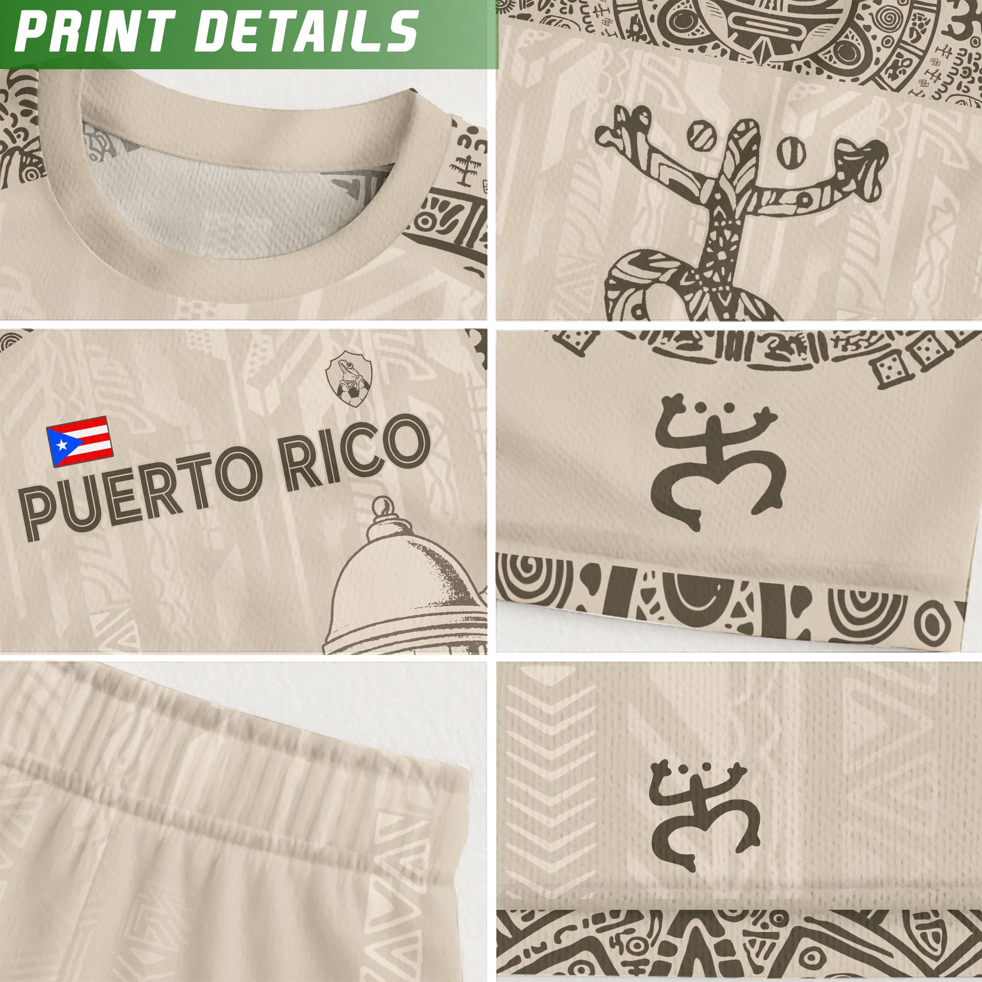 Puerto Rico Beige Oro Coqui Rana Garita Floral Taino Sol Patrimonio Nacional Camiseta de Fútbol