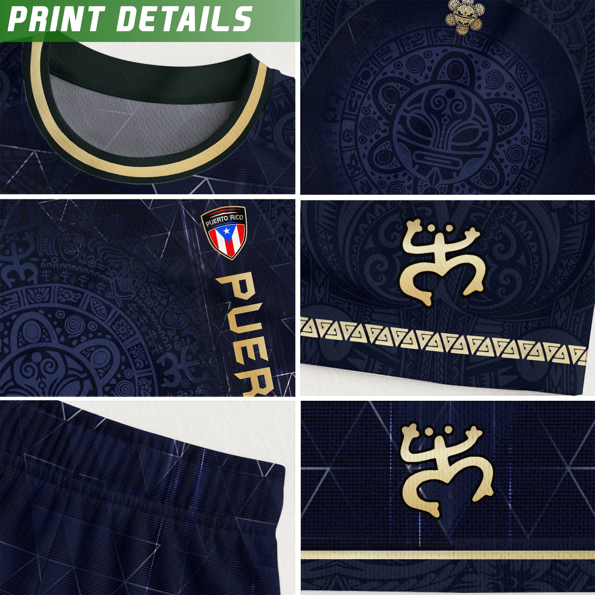 Puerto Rico Navy Gold Coqui Frog Floral Taino Sun National Heritage Soccer Jersey