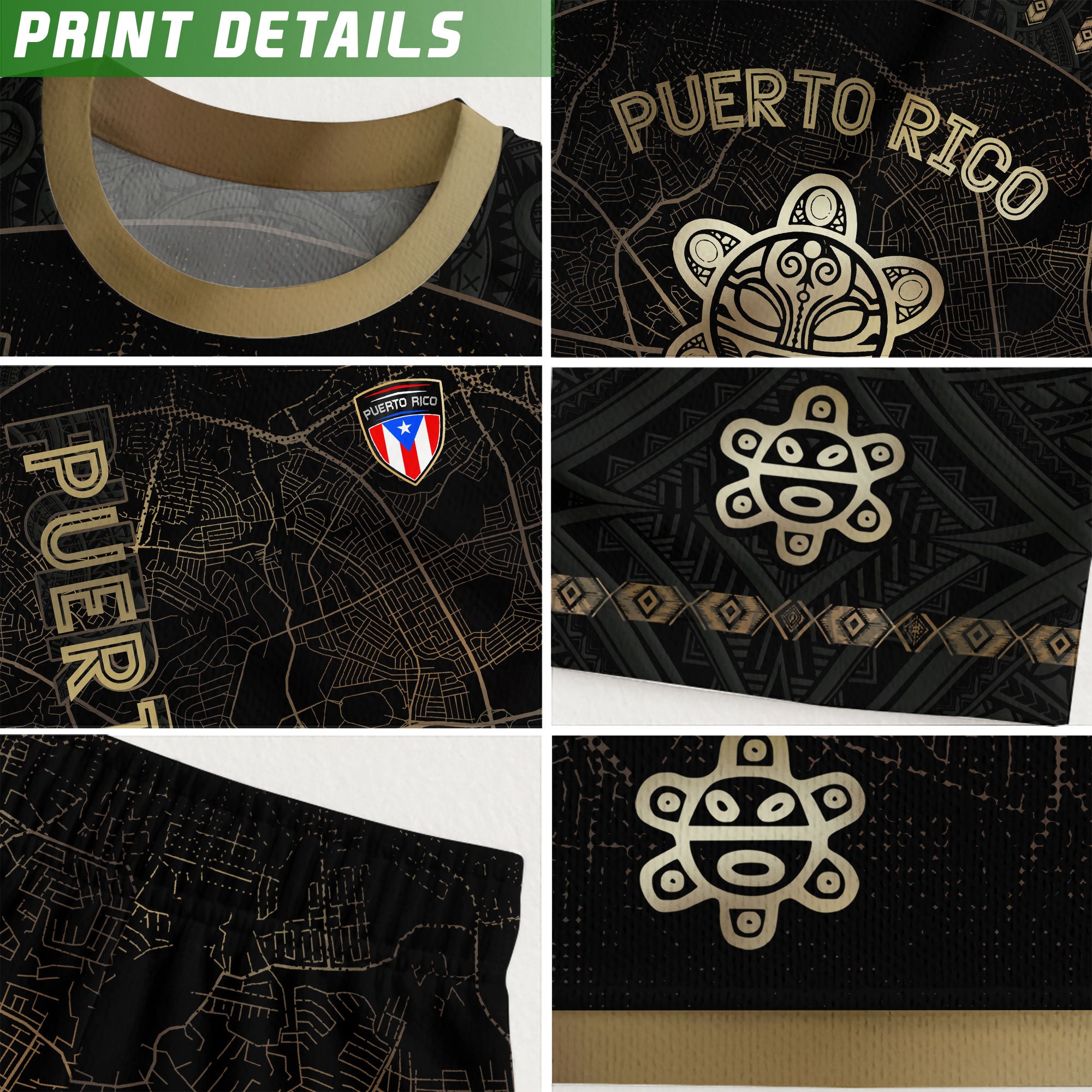 Camiseta de fútbol boricua del Patrimonio Nacional del Sol Taino con mapa de calles de Puerto Rico en negro y dorado