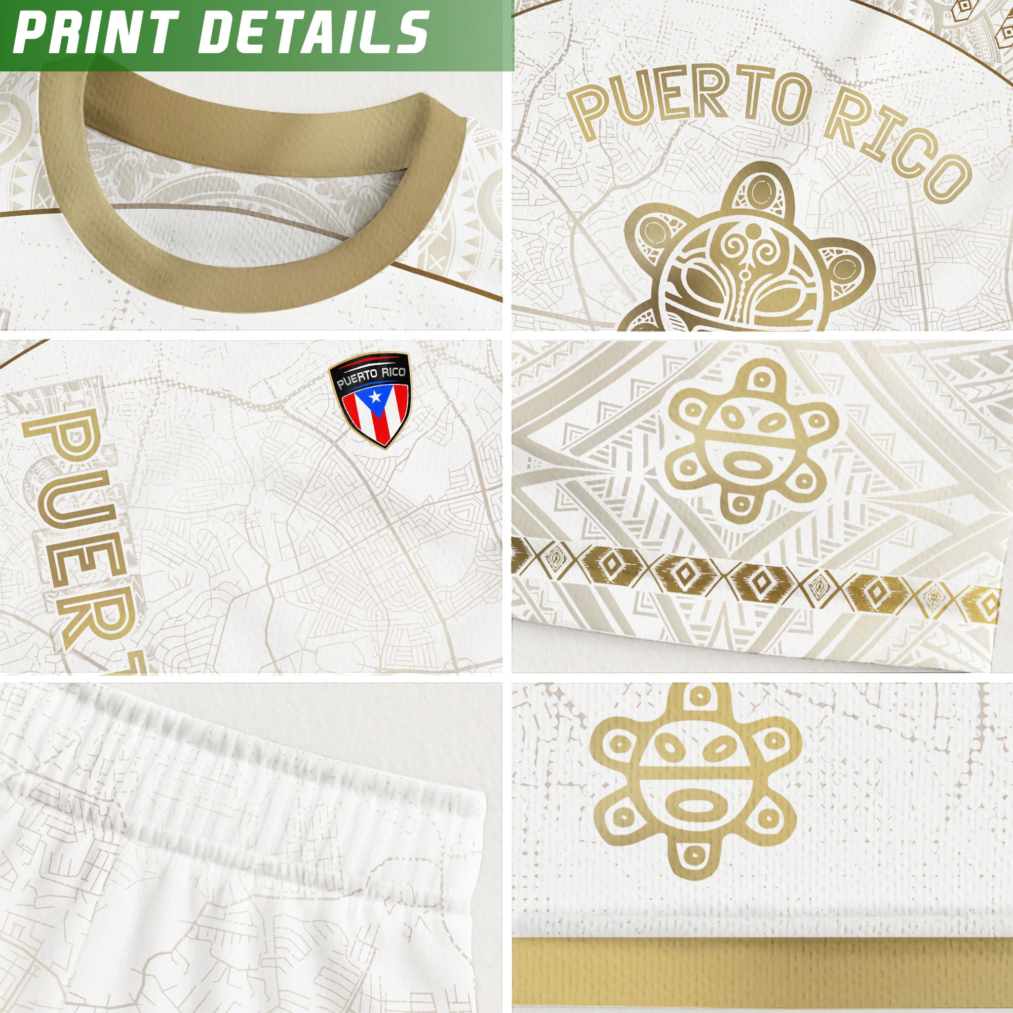 Camiseta de fútbol boricua del Patrimonio Nacional del Sol Taino con mapa de calles de Puerto Rico en oro blanco
