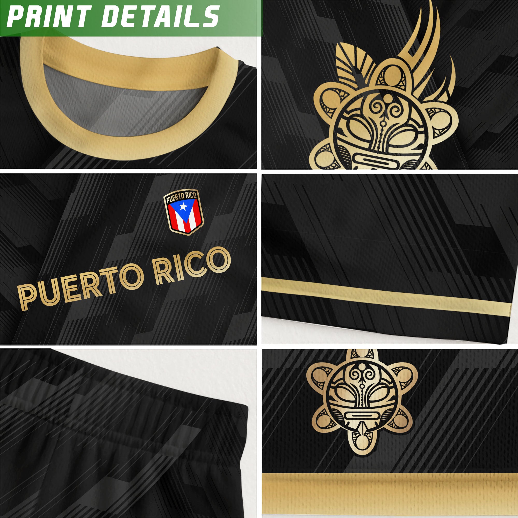 Puerto Rico Flag Boricua Taino Tribal Mask Gold Black National Pride Soccer Jersey