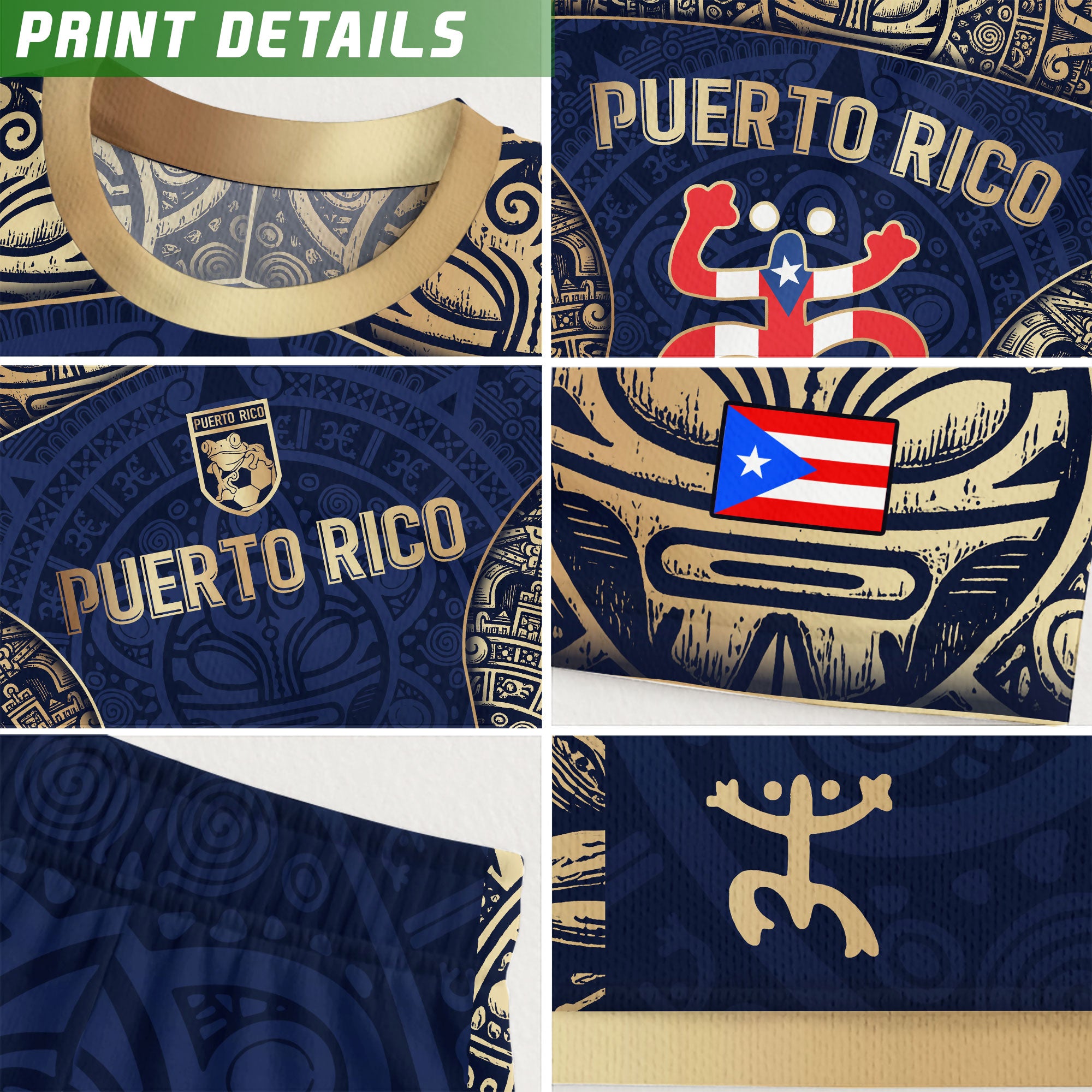 Puerto Rico Flag Boricua Taino Tribal Mask Coqui Navy Gold Pride Soccer Jersey