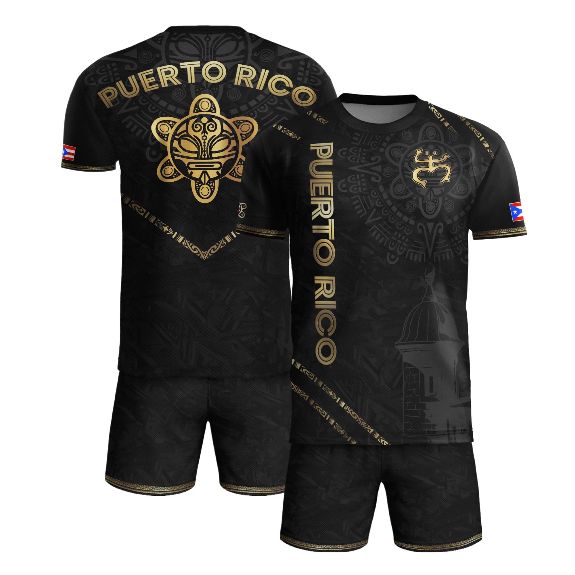 Camiseta de fútbol boricua de la herencia nacional del Sol Taino de la Rana Coquí Negra Dorada de Puerto Rico