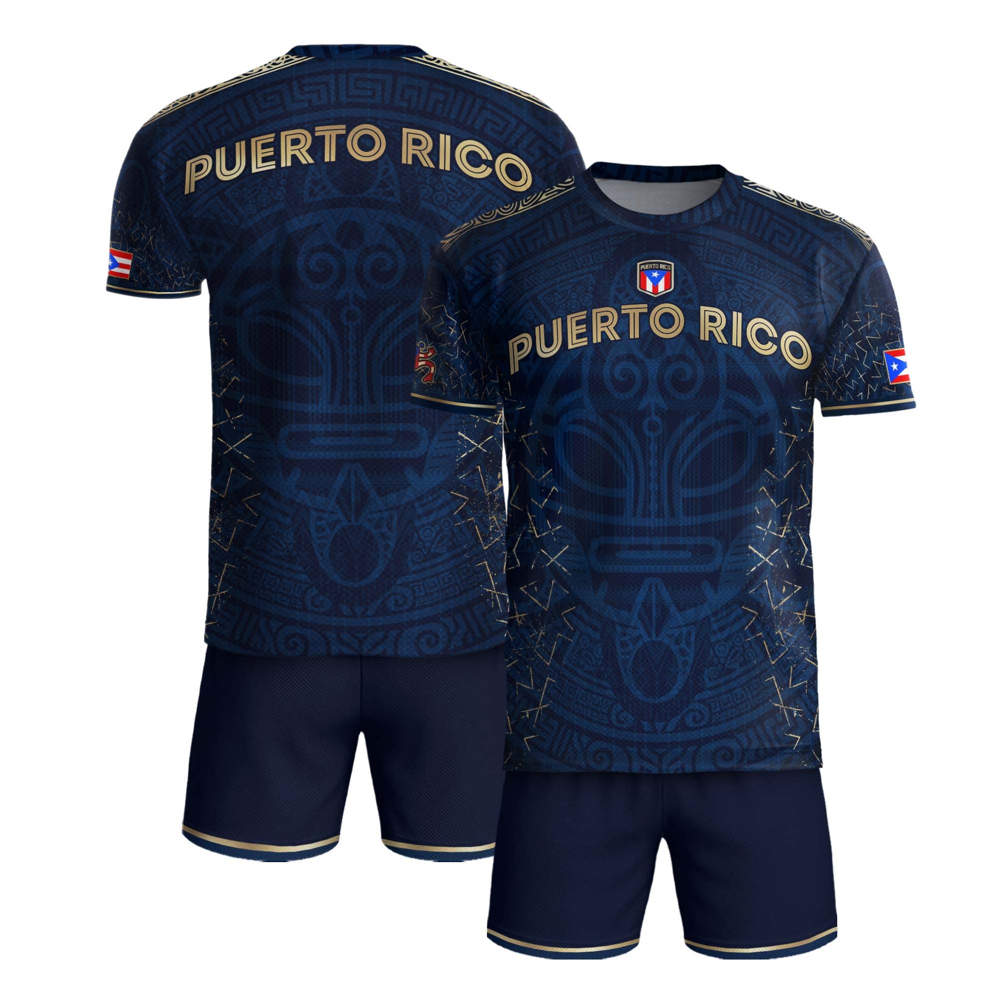 Camiseta de fútbol boricua de la herencia nacional con símbolo taíno azul real y dorado de Puerto Rico
