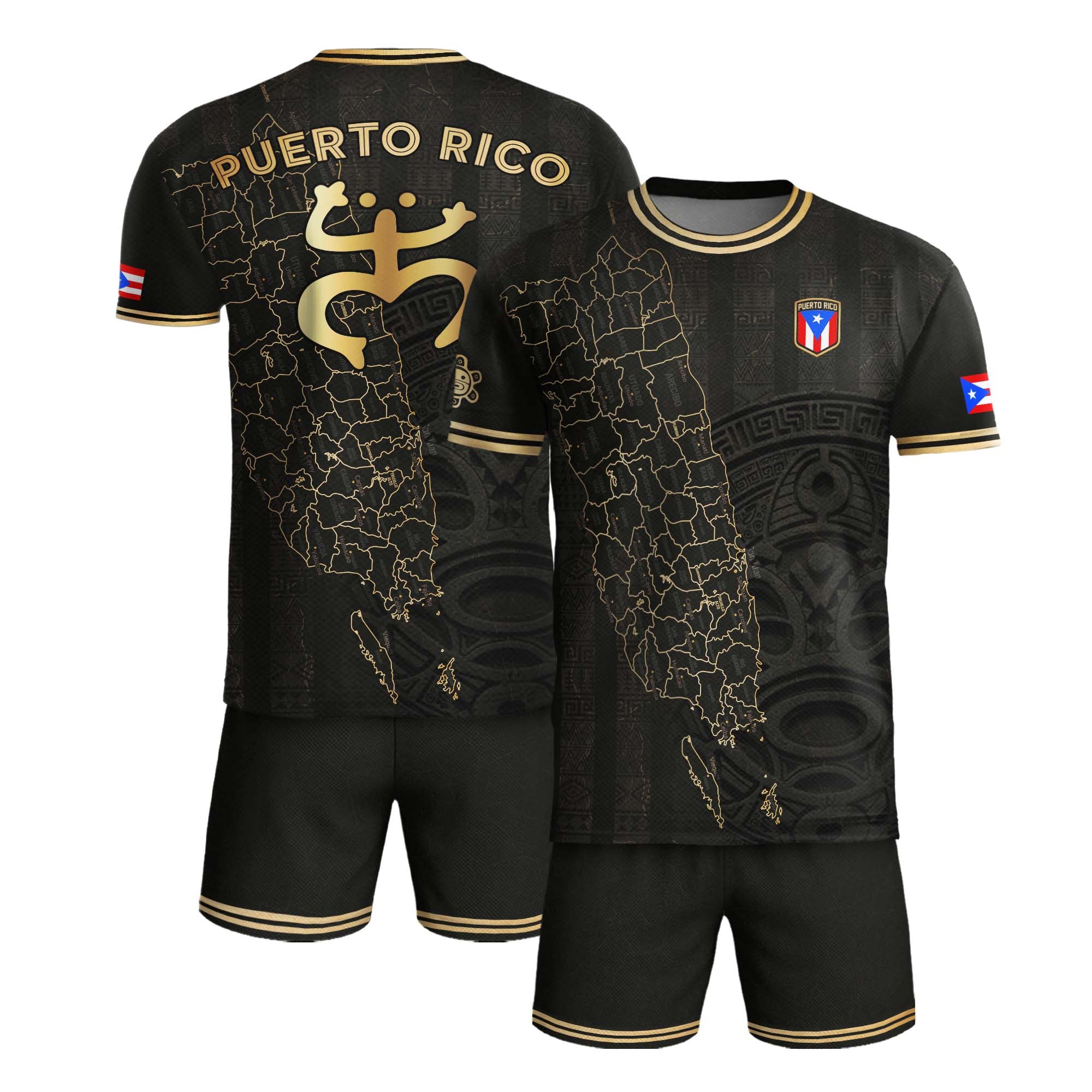 Camiseta de fútbol boricua del Patrimonio Nacional del Sol Taino con el Mapa de la Isla Dorada Negra de Puerto Rico