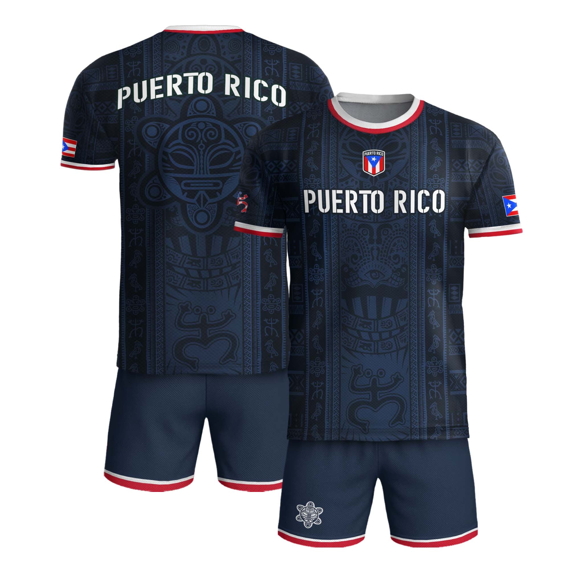 Camiseta de fútbol boricua de herencia nacional con patrón de símbolo taíno azul marino de Puerto Rico