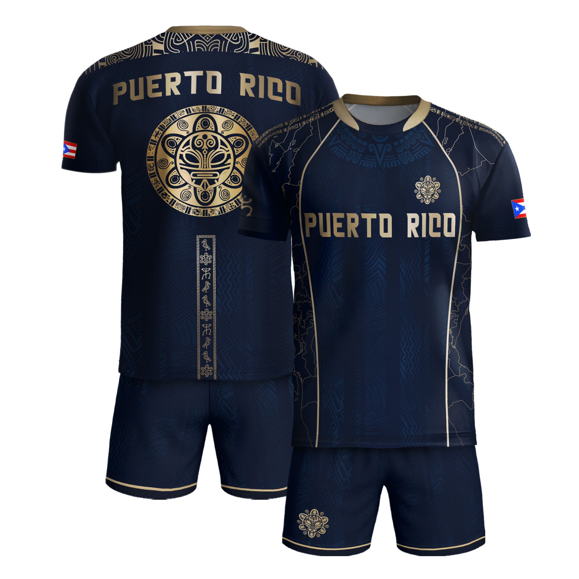 Puerto Rico Navy Gold Outline Map Taino Sun National Heritage Boricua Soccer Jersey