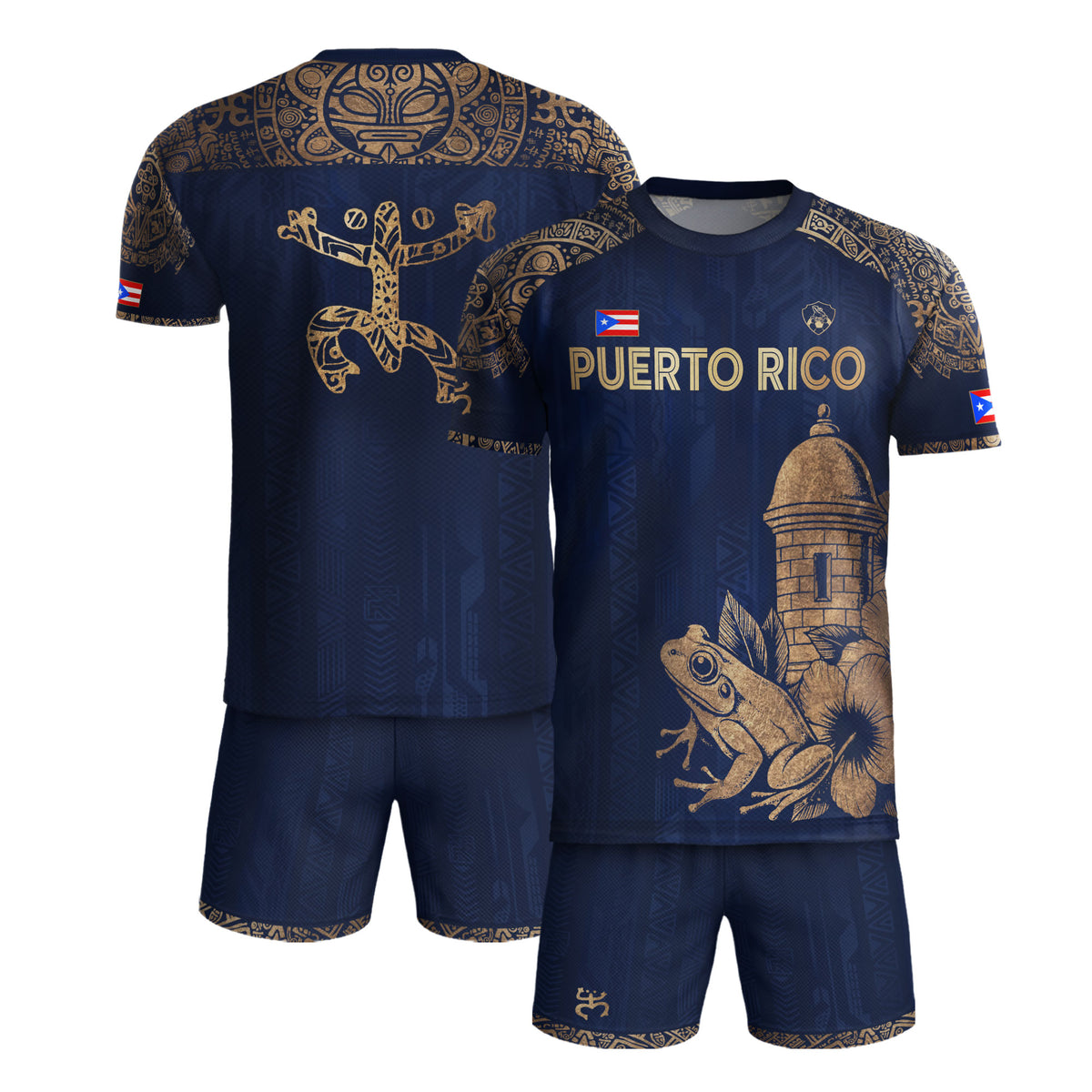 Puerto Rico Navy Gold Coqui Frog Garita Flower Patrimonio Nacional Boricua Camiseta de Fútbol