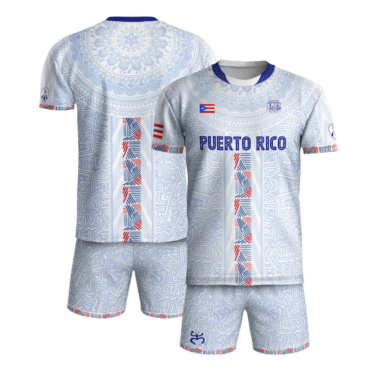 Camiseta de fútbol boricua de Puerto Rico, blanca, roja y azul, con rayas del sol taíno y herencia nacional