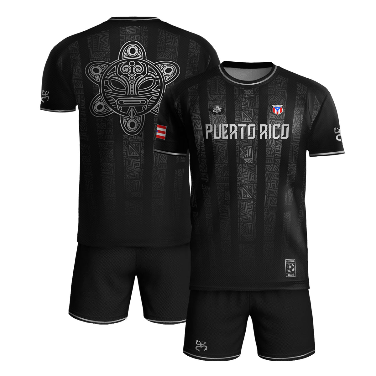 Camiseta de fútbol boricua con símbolo tribal negro y plateado de Puerto Rico