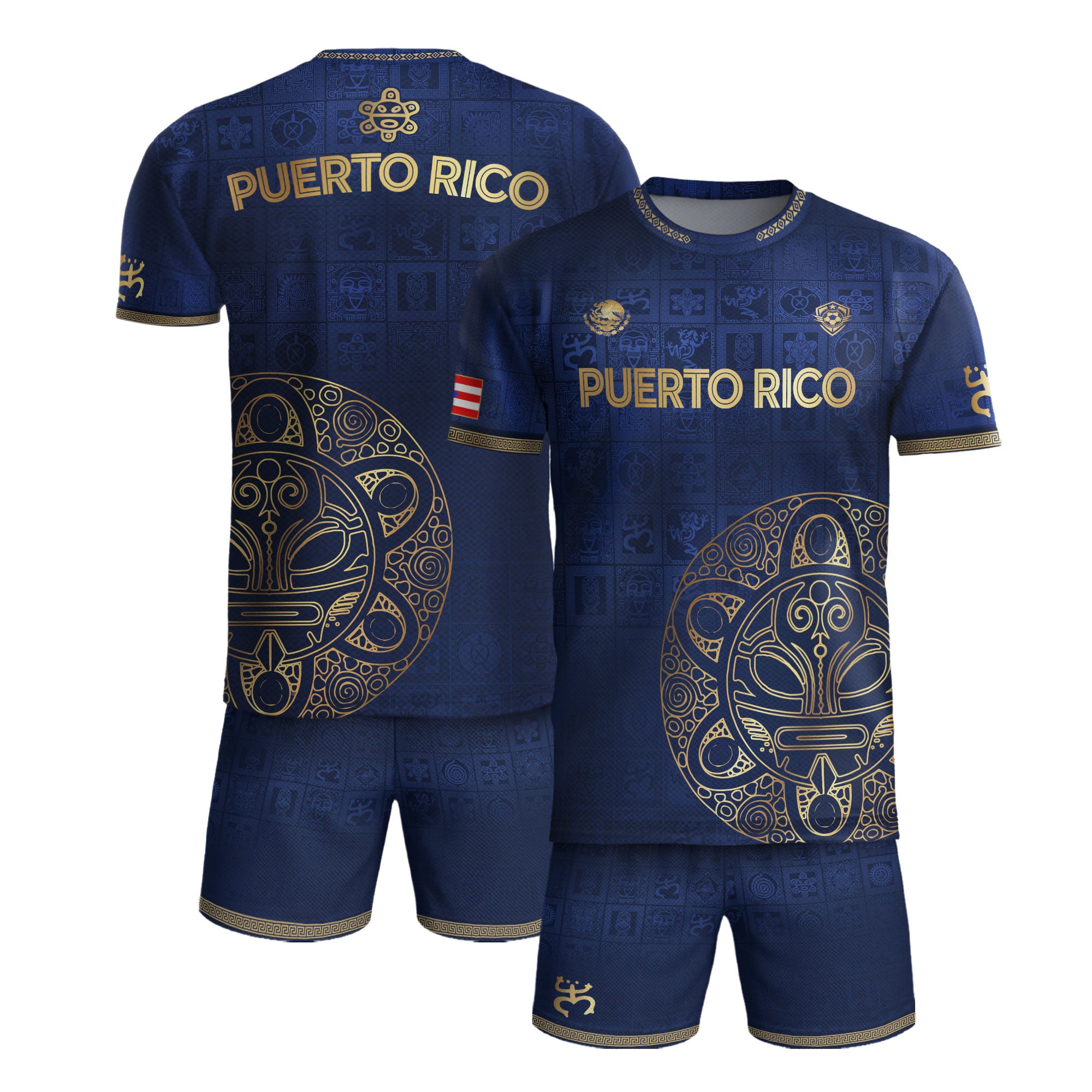 Camiseta de fútbol boricua con patrón de símbolo taíno dorado de la Marina de Puerto Rico