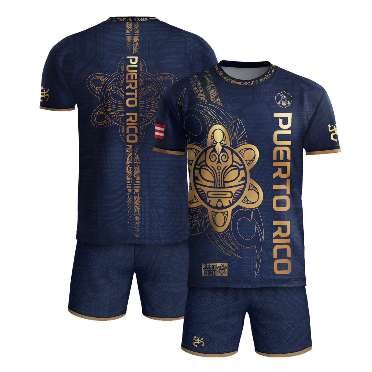Puerto Rico Navy Gold Taino Sun Vertical Text National Heritage Boricua Soccer Jersey