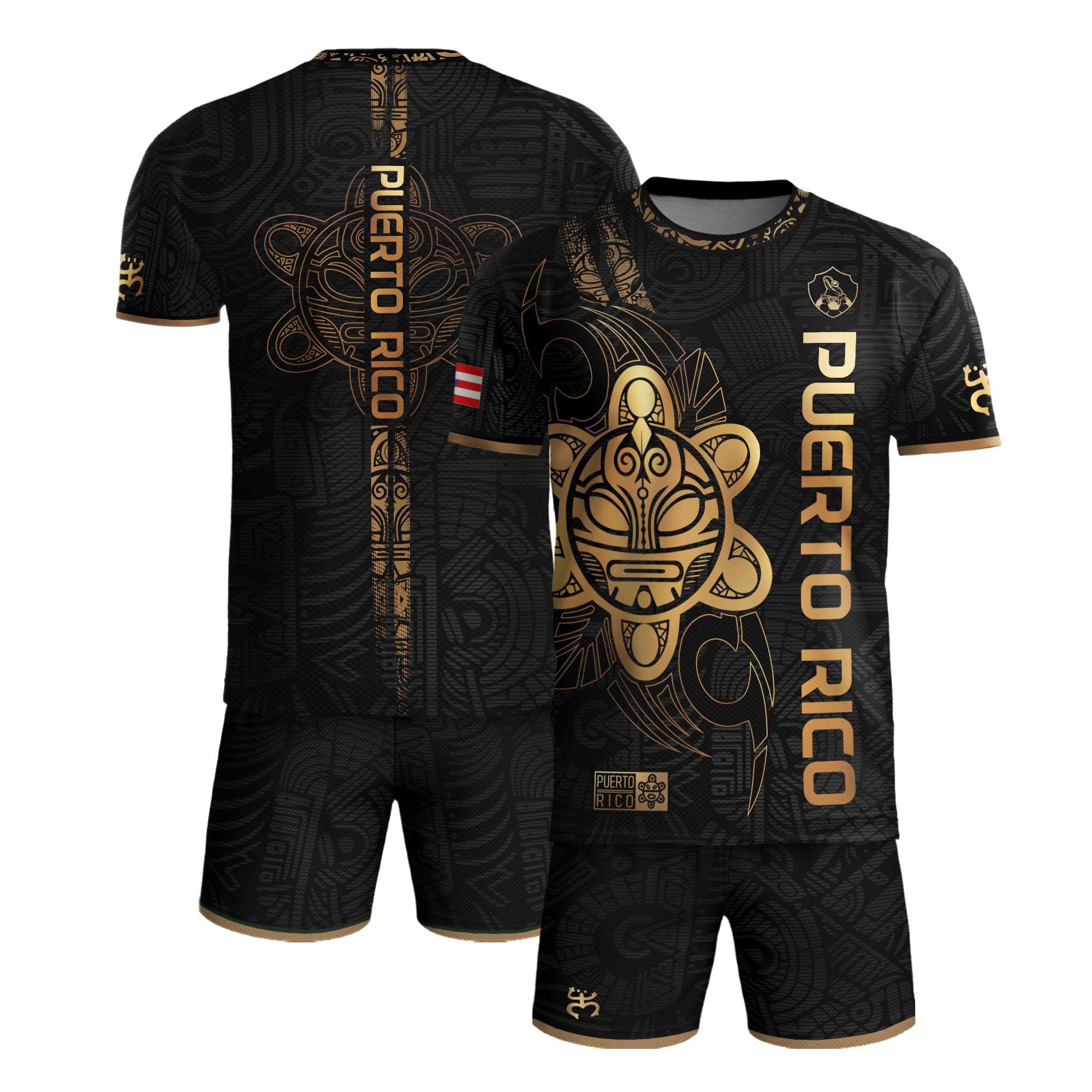 Camiseta de fútbol Puerto Rico Black Gold Side Taino Sun National Heritage Boricua Pride