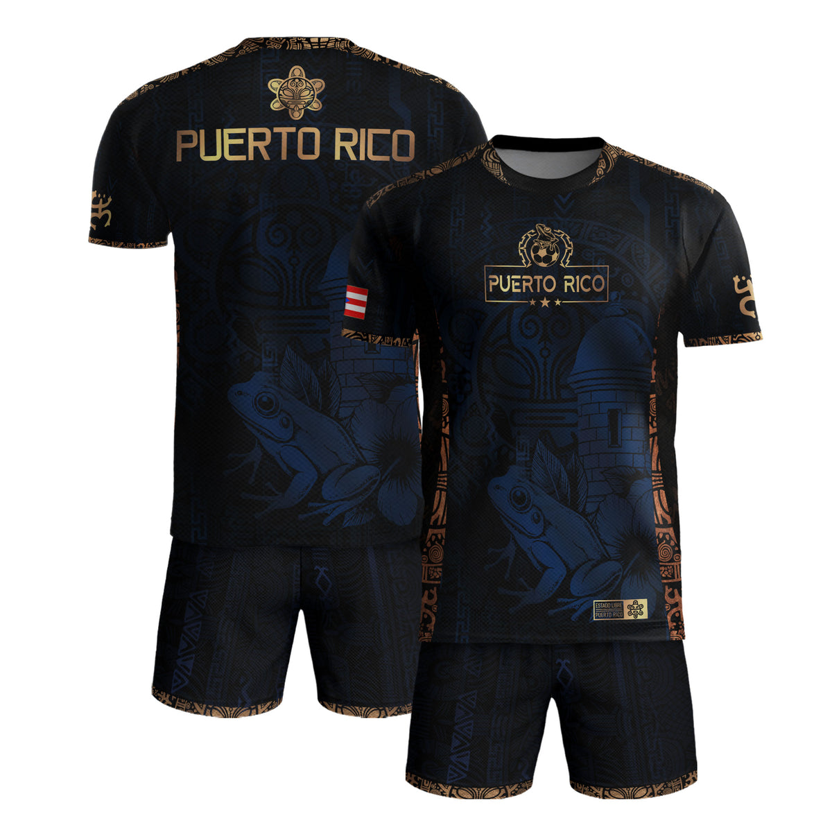 Camiseta de fútbol del Orgullo Boricua con la Herencia Nacional Floral del Sol Taino Dorado de la Marina de Puerto Rico