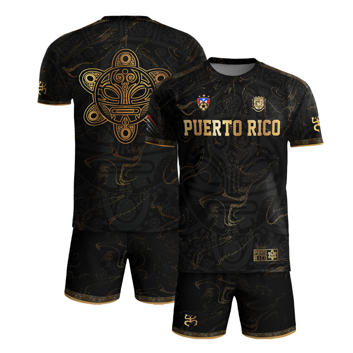 Camiseta de fútbol boricua de la herencia nacional del Sol Taino abstracto de Puerto Rico en negro y dorado
