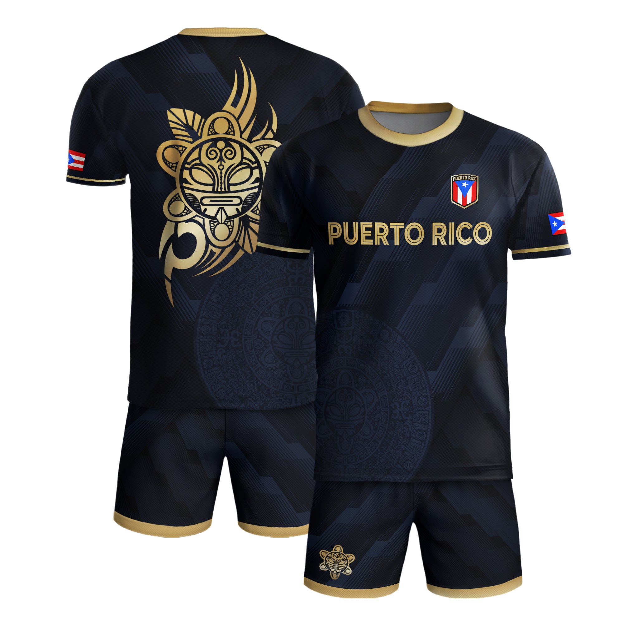 Camiseta de fútbol del orgullo nacional boricua del sol taíno dorado de la marina de Puerto Rico