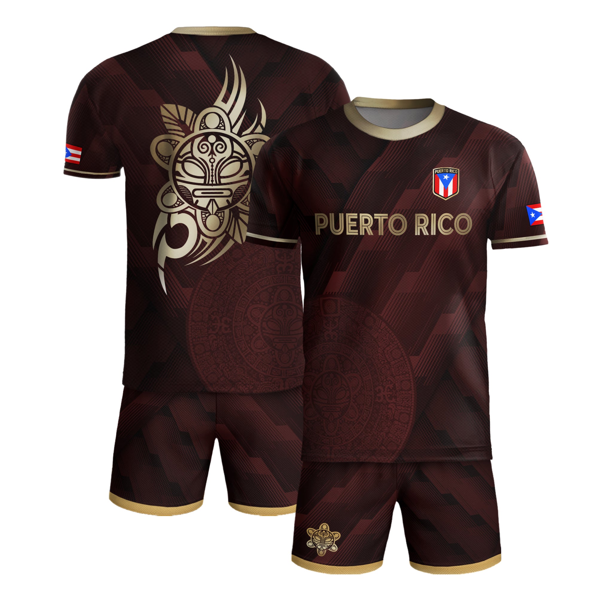 Camiseta de fútbol boricua del Patrimonio Nacional del Arte Taíno con Símbolo Dorado Granate de Puerto Rico