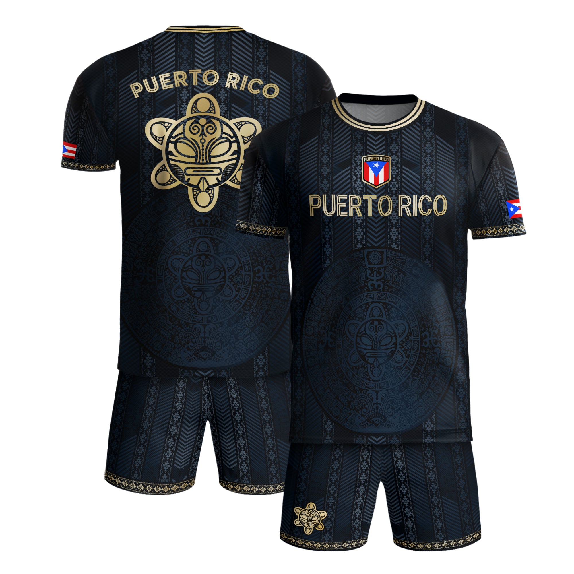 Camiseta de fútbol boricua de la herencia nacional tribal del sol taíno dorado de la marina de Puerto Rico