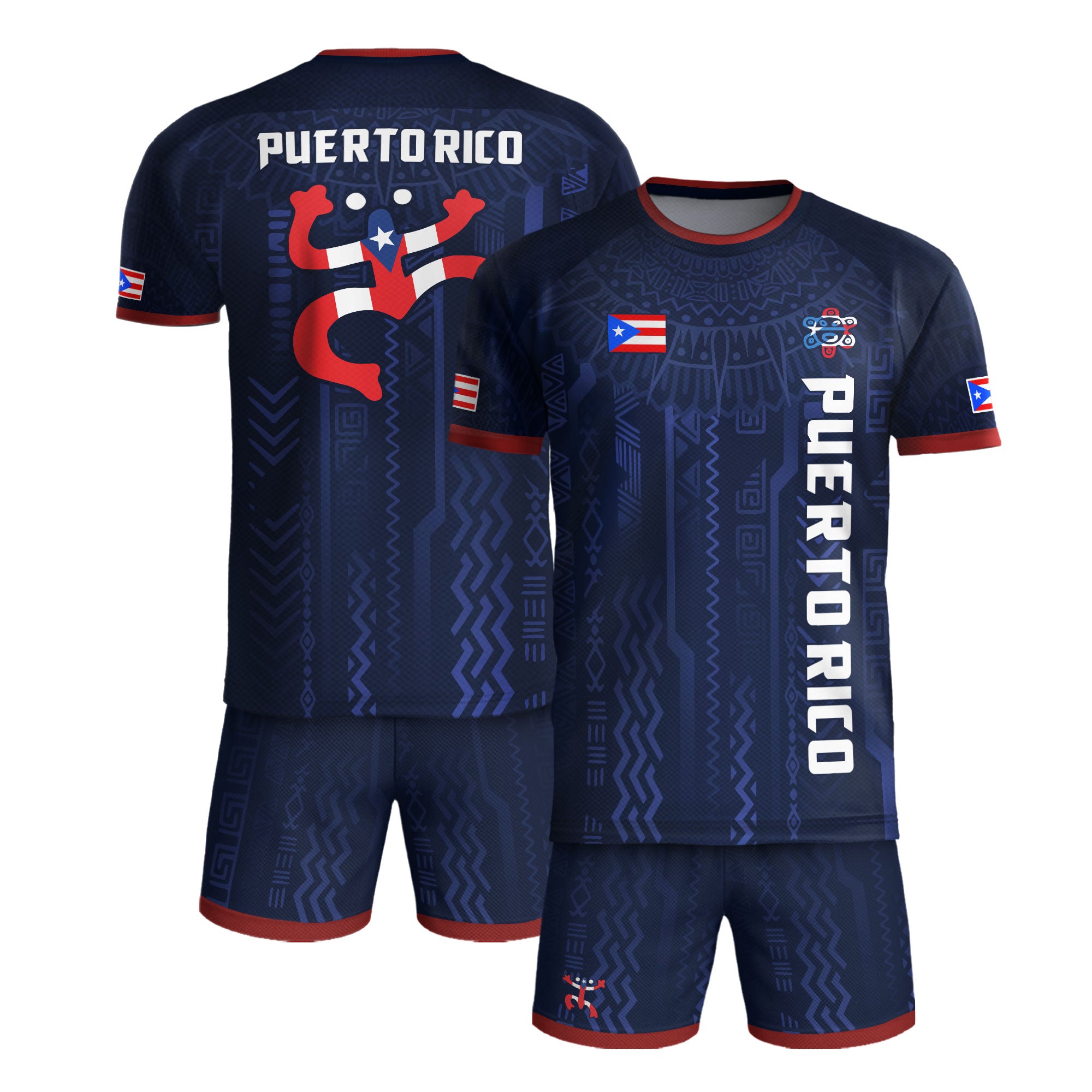 Puerto Rico Navy Red Boricua Taino Sun Coqui Frog Patriotic Tribal Soccer Jersey