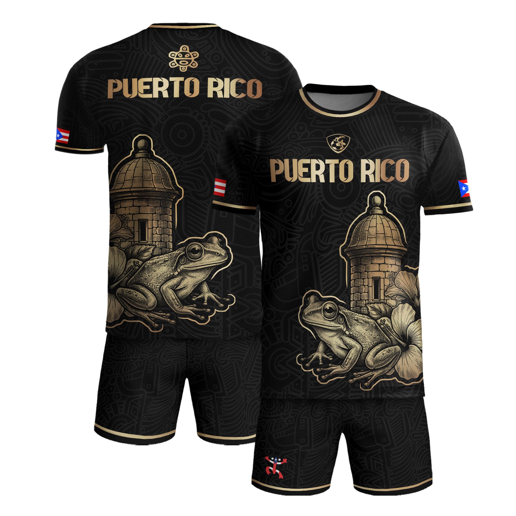 Puerto Rico Black Gold Boricua El Morro Coqui Frog Hibiscus Historical Soccer Jersey