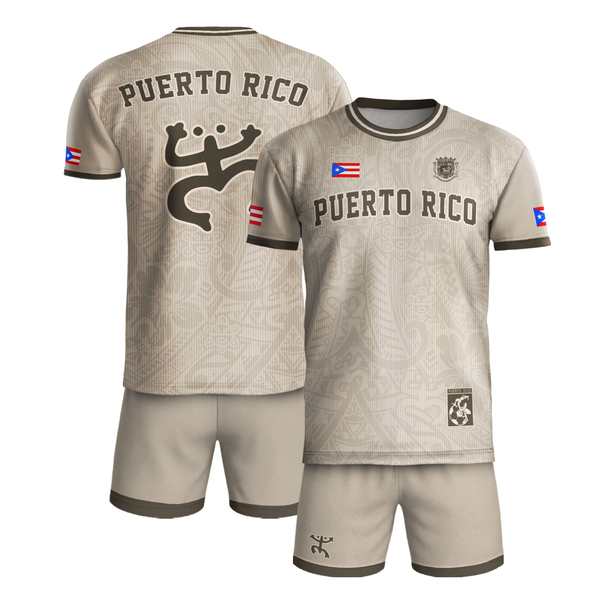 Puerto Rico Beige Tan Boricua Coqui Rana Tribal Taino Nacional Orgullo Camiseta de Fútbol