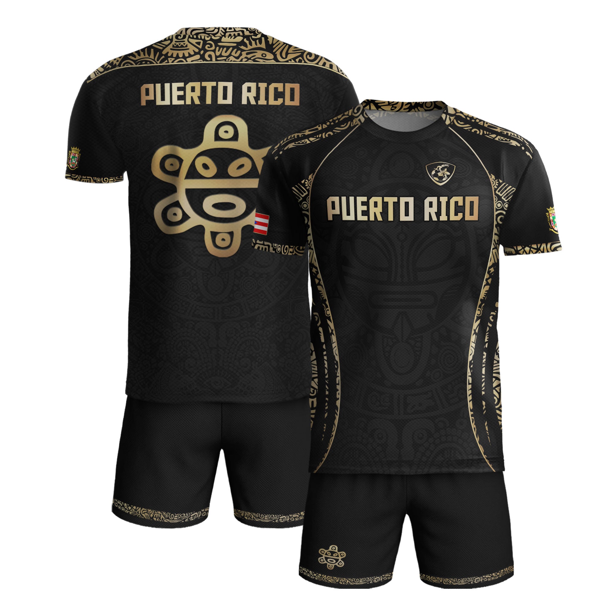 Camiseta de fútbol Puerto Rico Black Gold Boricua Taino Sun Mask Tribal National Pride Heritage