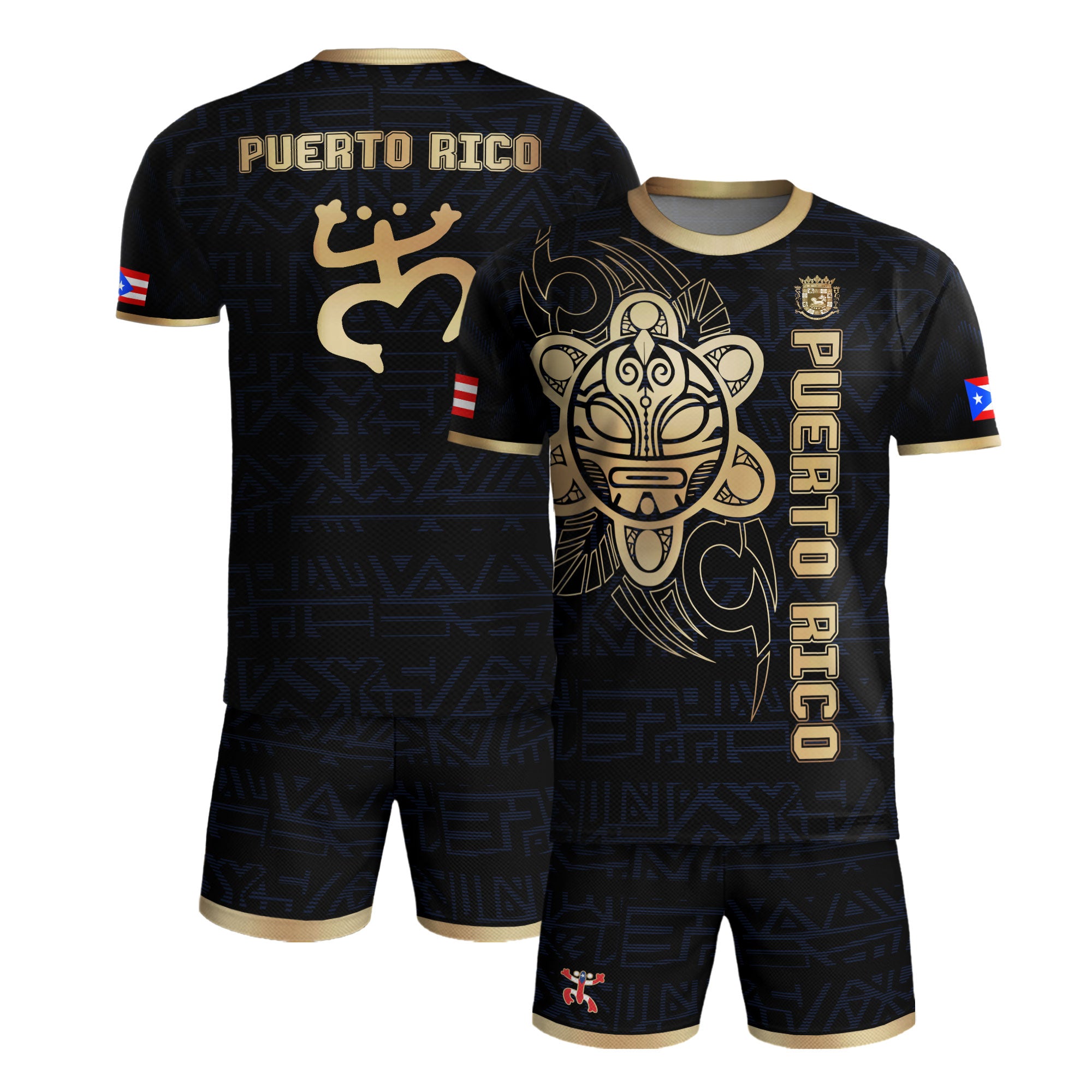 Puerto Rico Black Navy Gold Taino Sun God Island Heritage Tribal Pattern Soccer Jersey