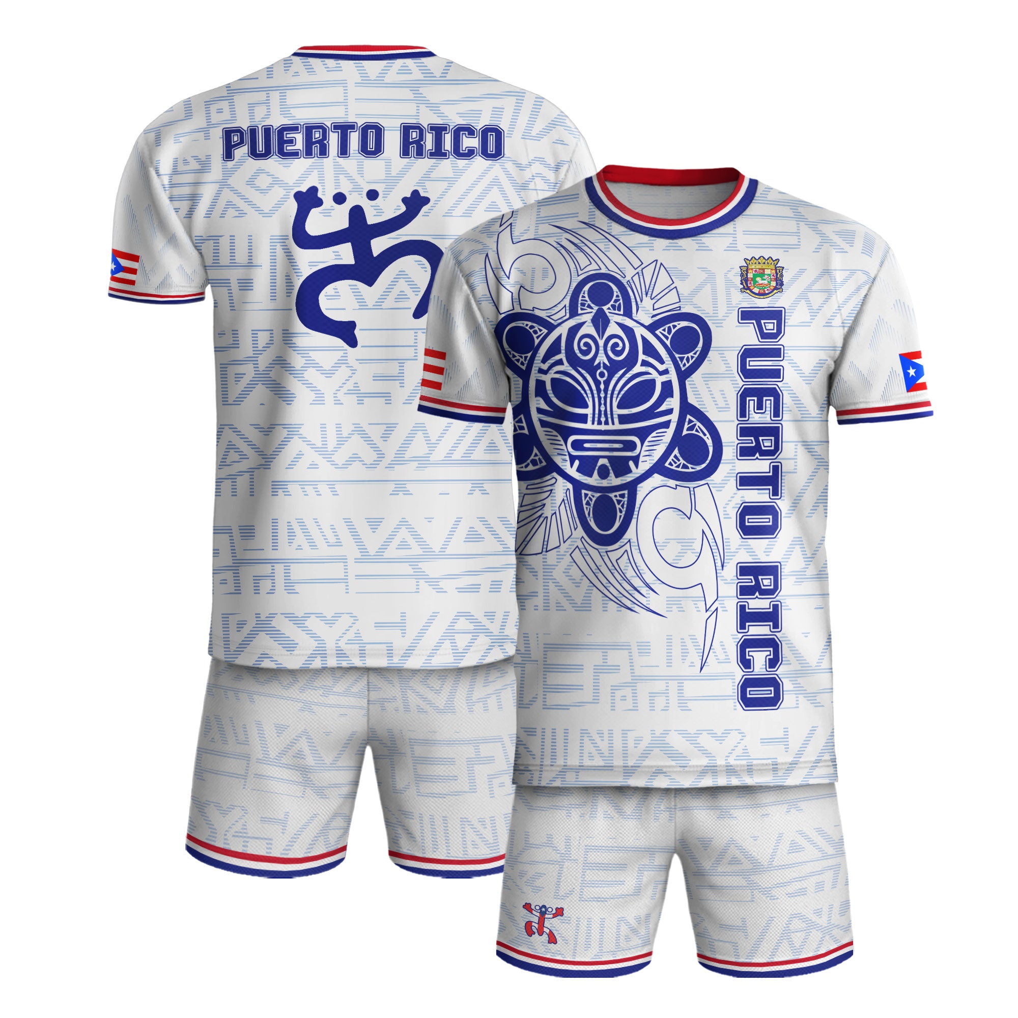 Camiseta de fútbol Puertorriqueña blanca y azul con la bandera boricua, sol taíno y coquí tribal del orgullo nacional