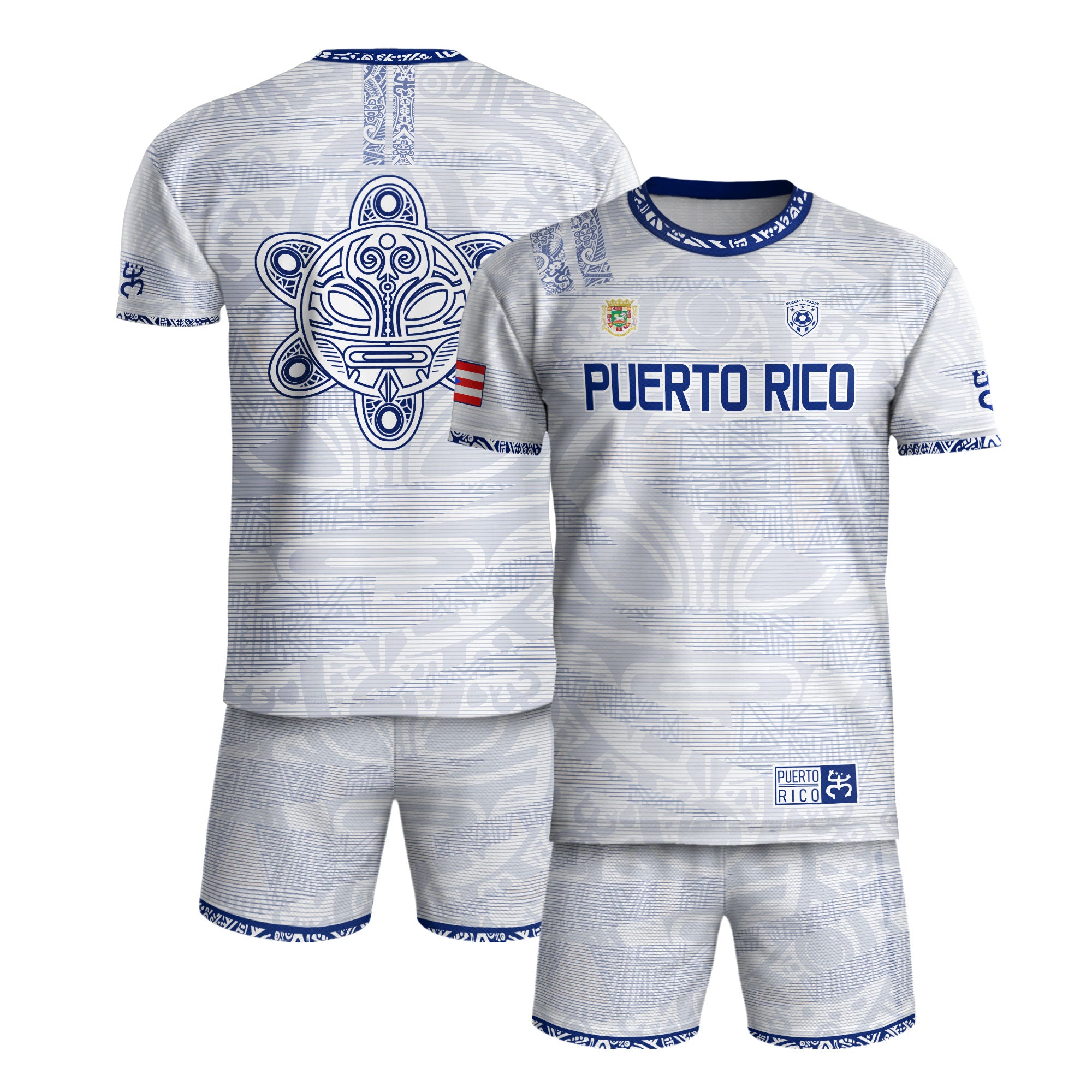 Puerto Rico White Blue Taino Tribal Pattern National Heritage Boricua Soccer Jersey