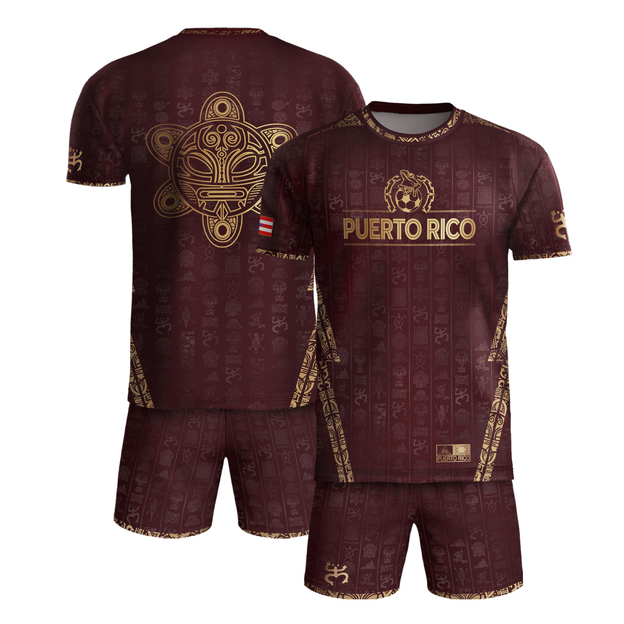 Camiseta de fútbol con símbolos boricuas del Sol Taíno, color dorado granate de Puerto Rico
