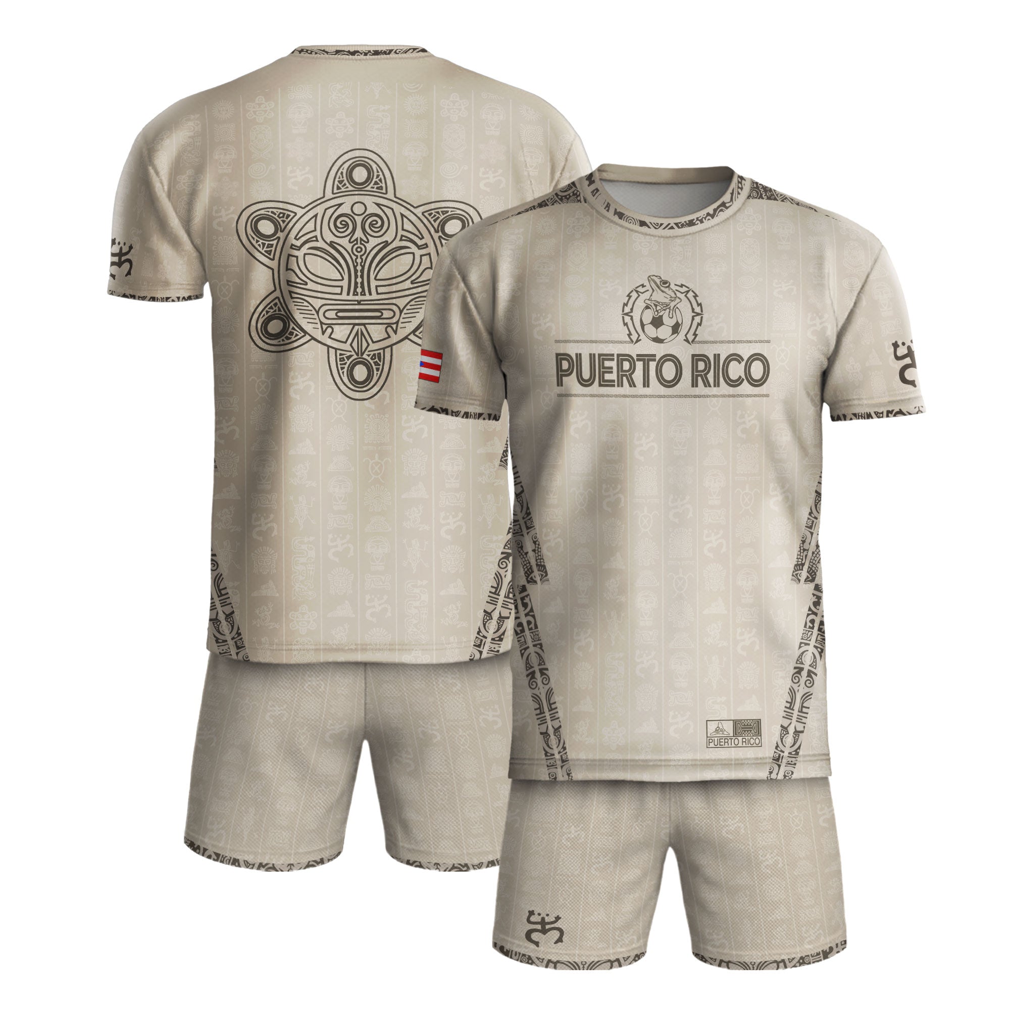 Camiseta de fútbol con símbolos boricuas del Sol Taino, color beige y dorado de Puerto Rico