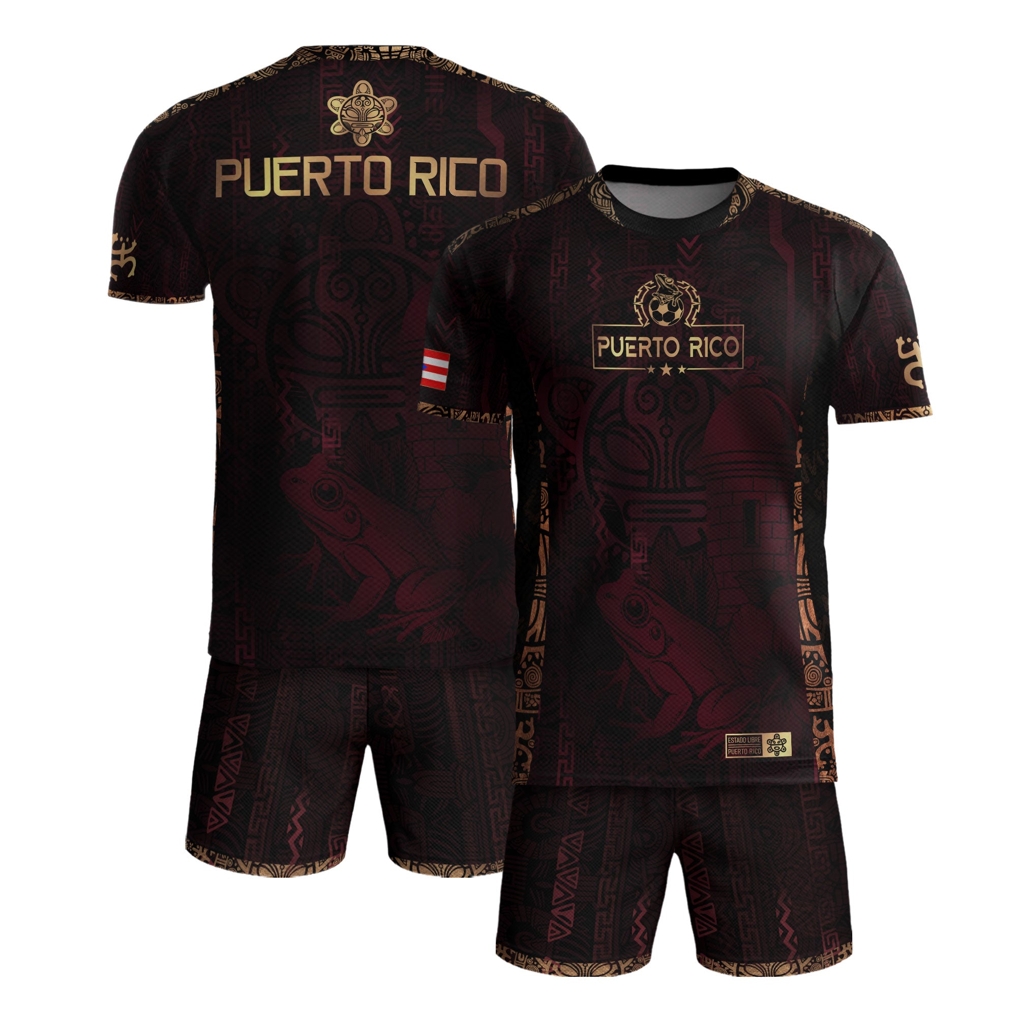 Puerto Rico Maroon Gold Heritage Taino Sun Boricua Coqui Frog Garita Camiseta de fútbol