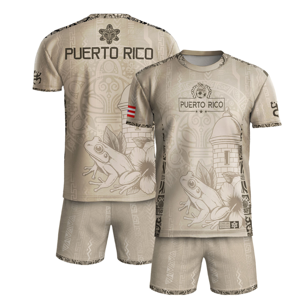 Puerto Rico Beige Gold Coqui Frog Floral Garita Taino Sun National Heritage Soccer Jersey