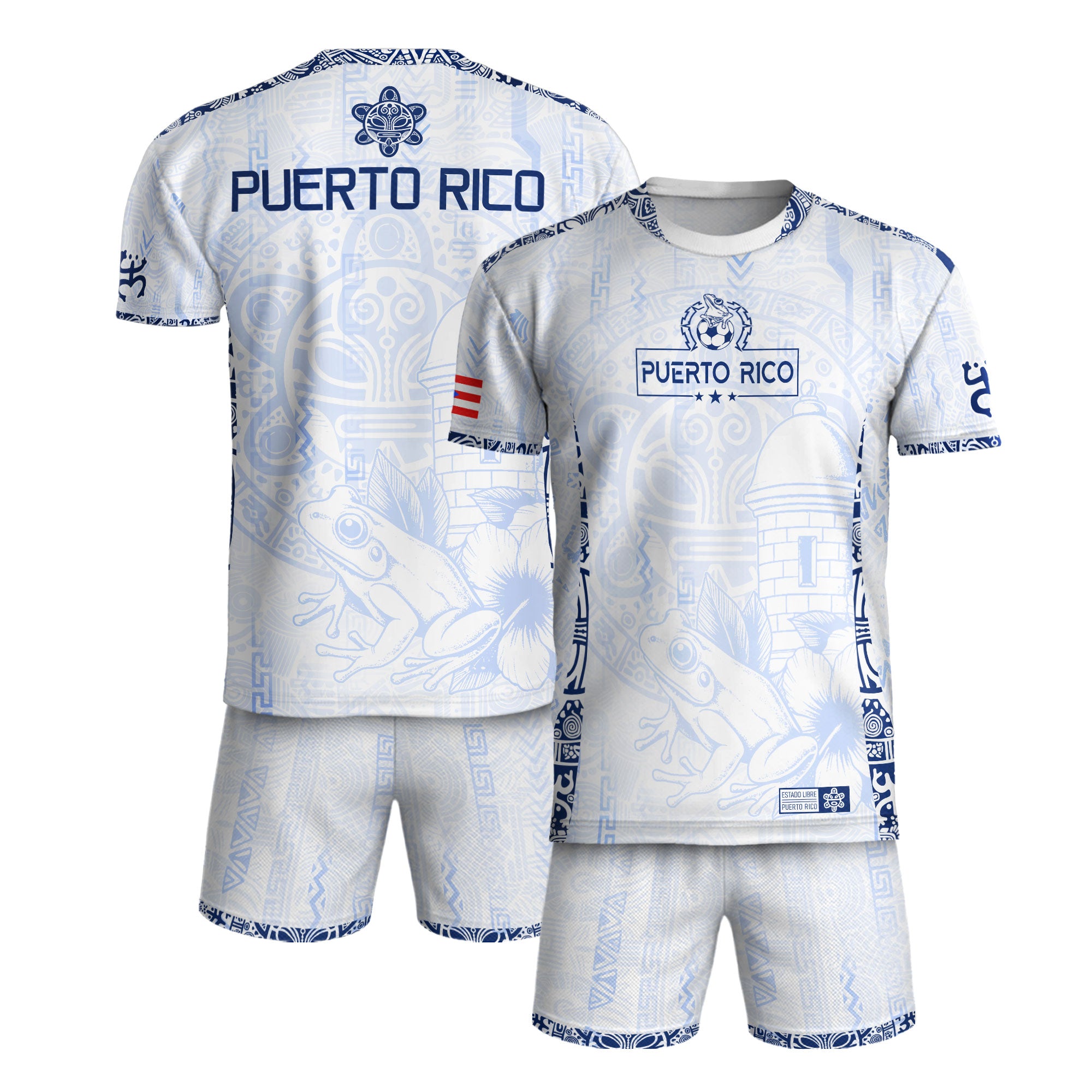 Puerto Rico Blanco Azul Coqui Rana Garita Floral Taino Sun National Heritage Soccer Jersey