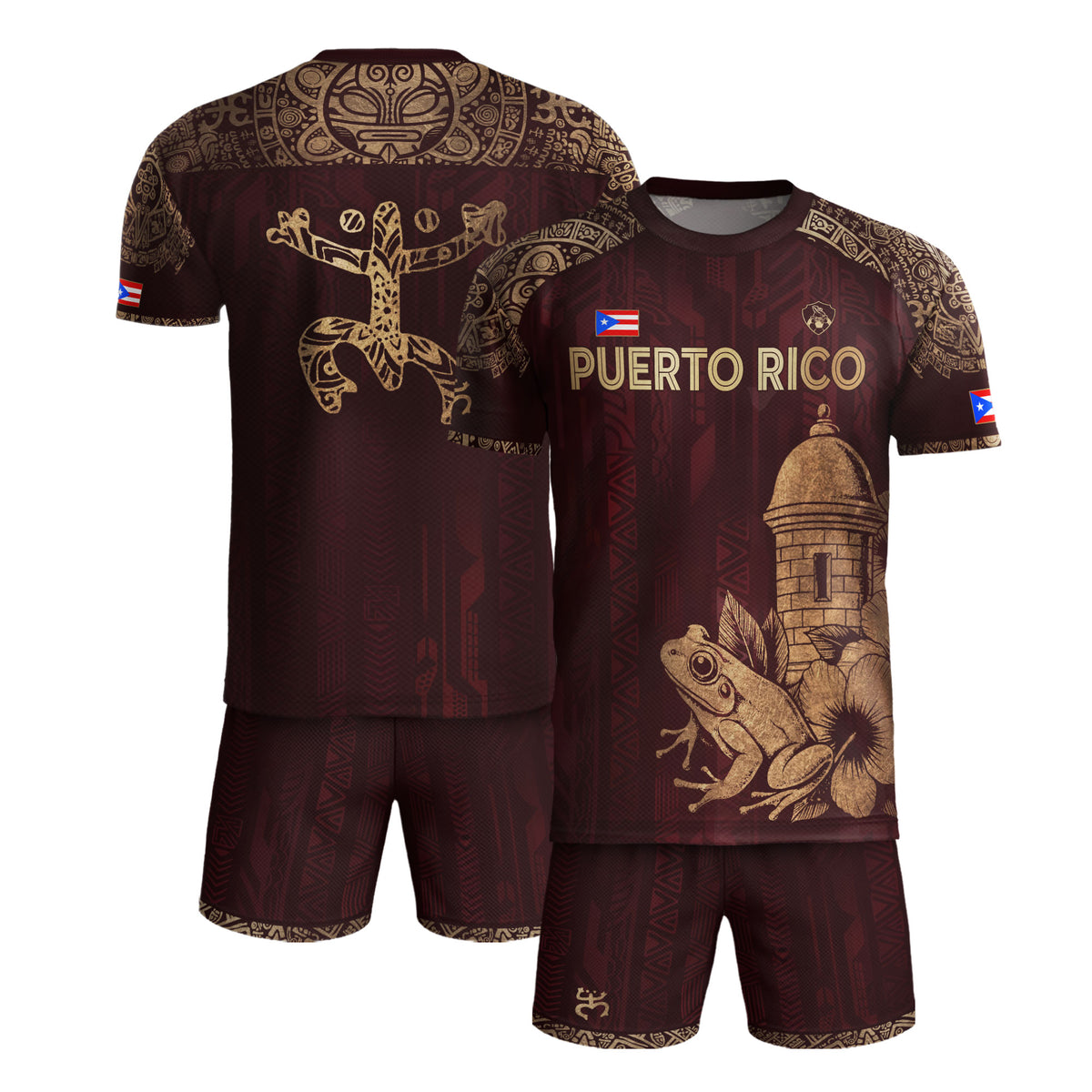 Puerto Rico Maroon Gold Coqui Frog Garita Floral Taino Sun National Heritage Soccer Jersey