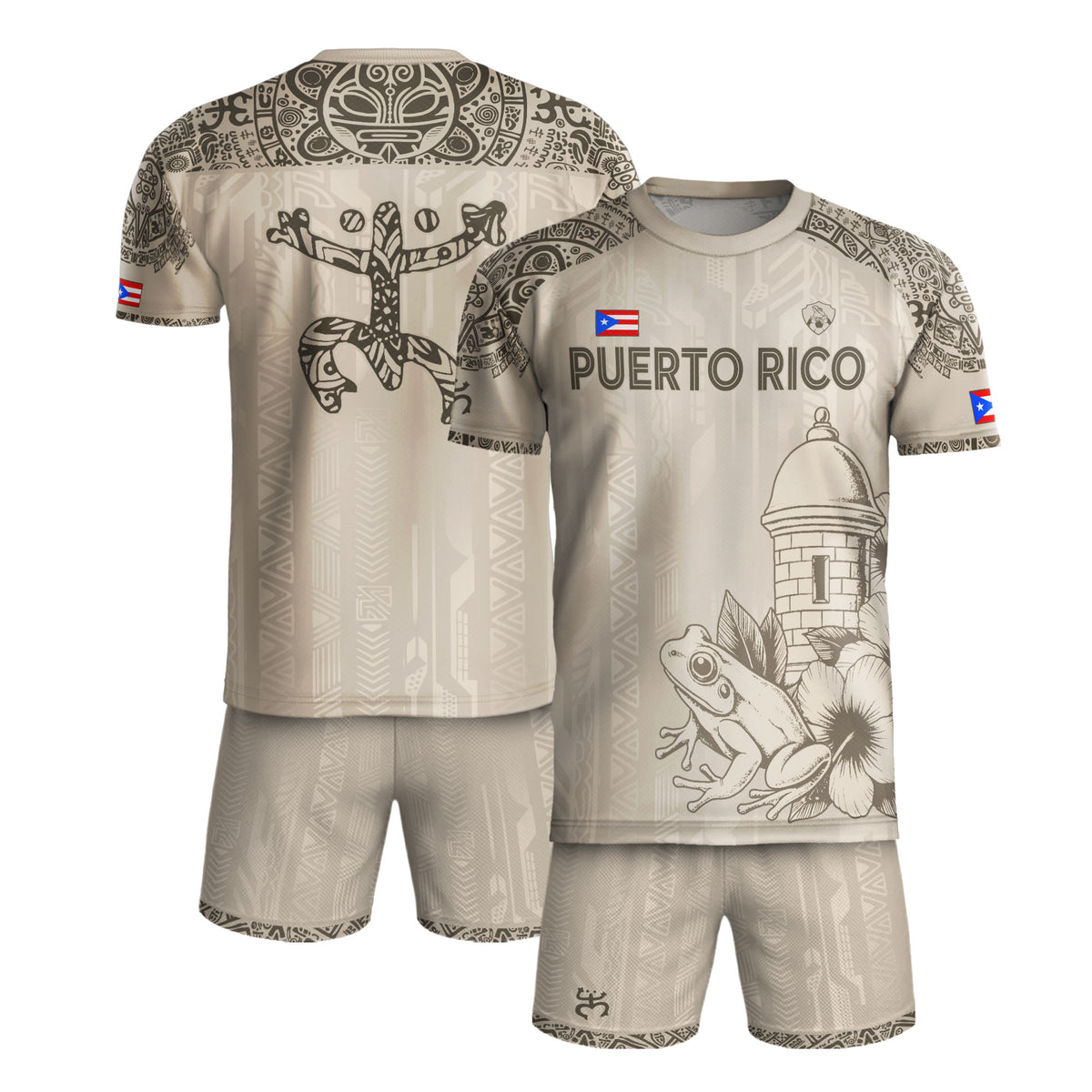 Puerto Rico Beige Gold Coqui Frog Garita Floral Taino Sun National Heritage Soccer Jersey