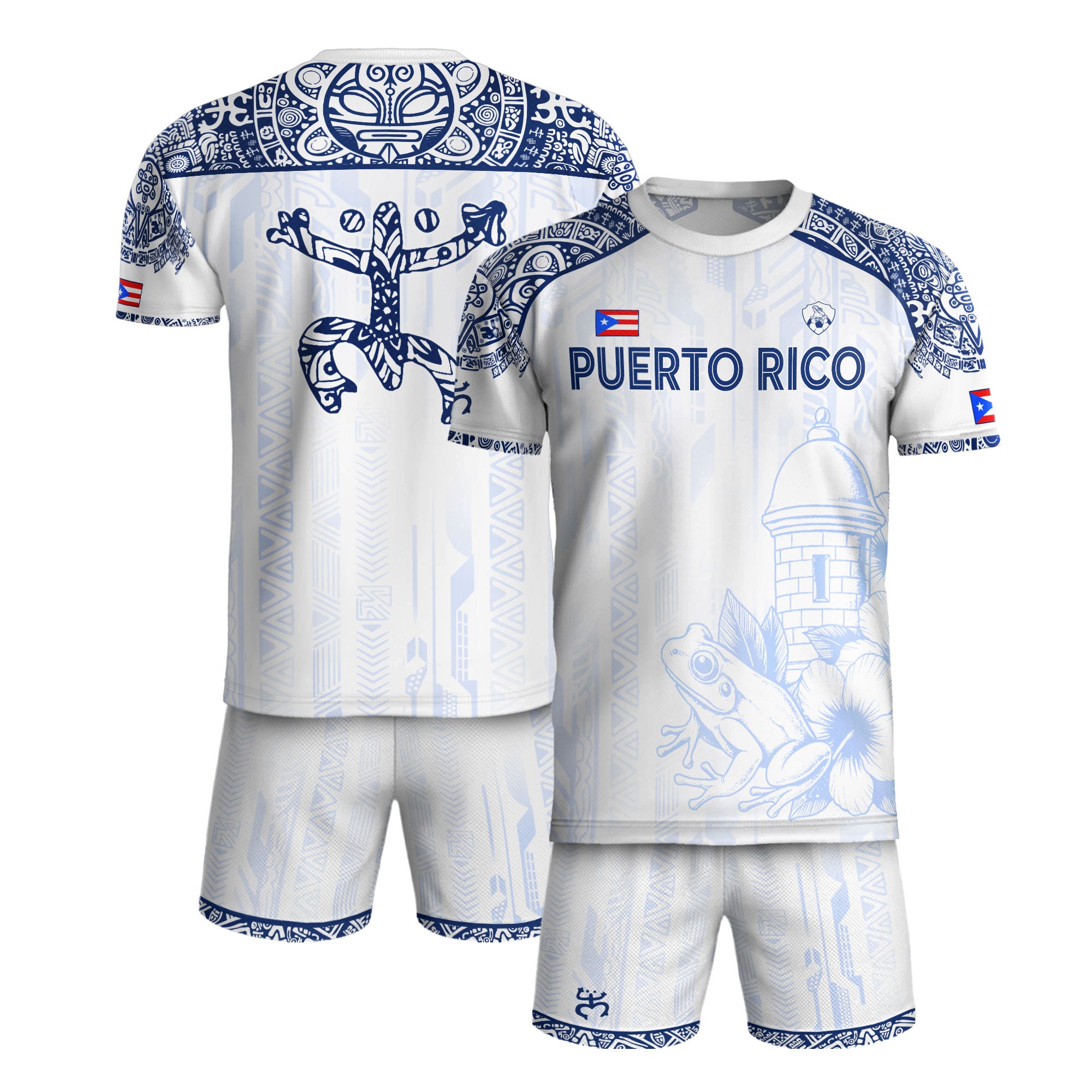 Puerto Rico White Blue Coqui Frog Floral Garita Taino Sun Island Heritage Soccer Jersey