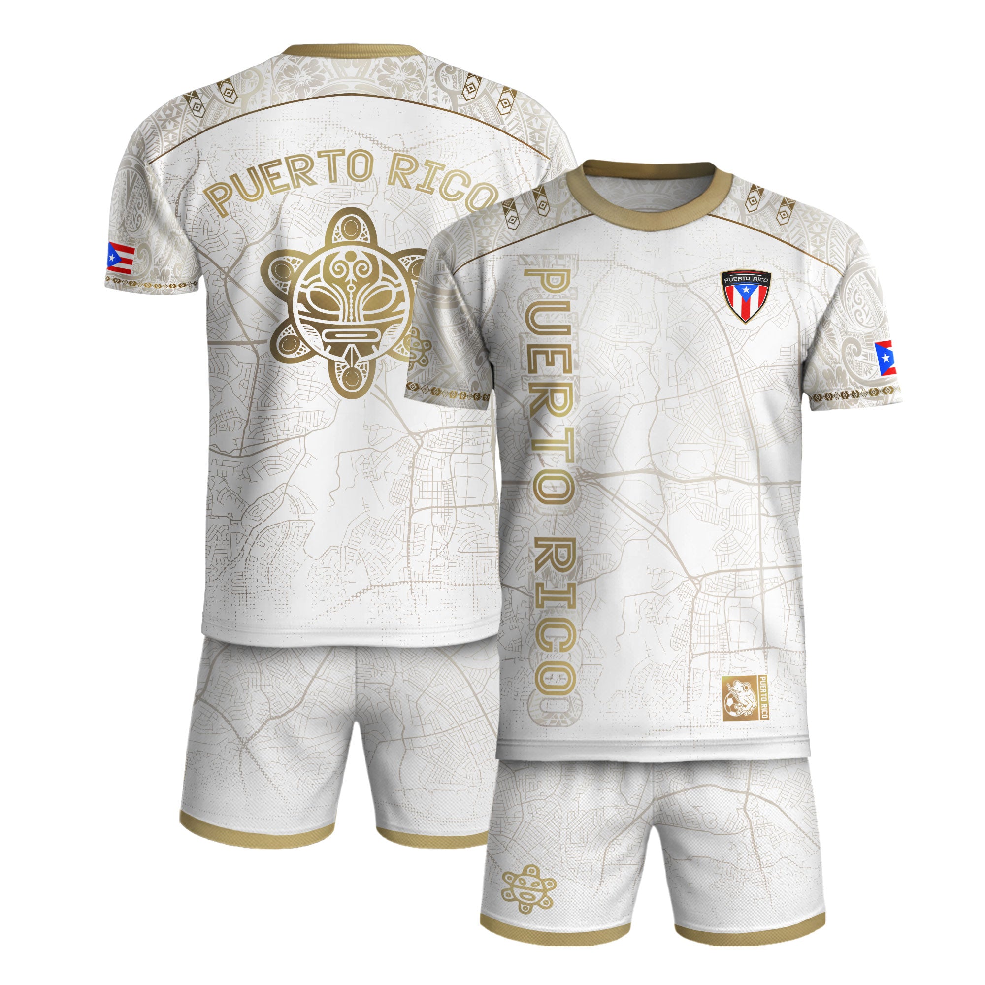 Camiseta de fútbol boricua del Patrimonio Nacional del Sol Taino con mapa de calles de Puerto Rico en oro blanco