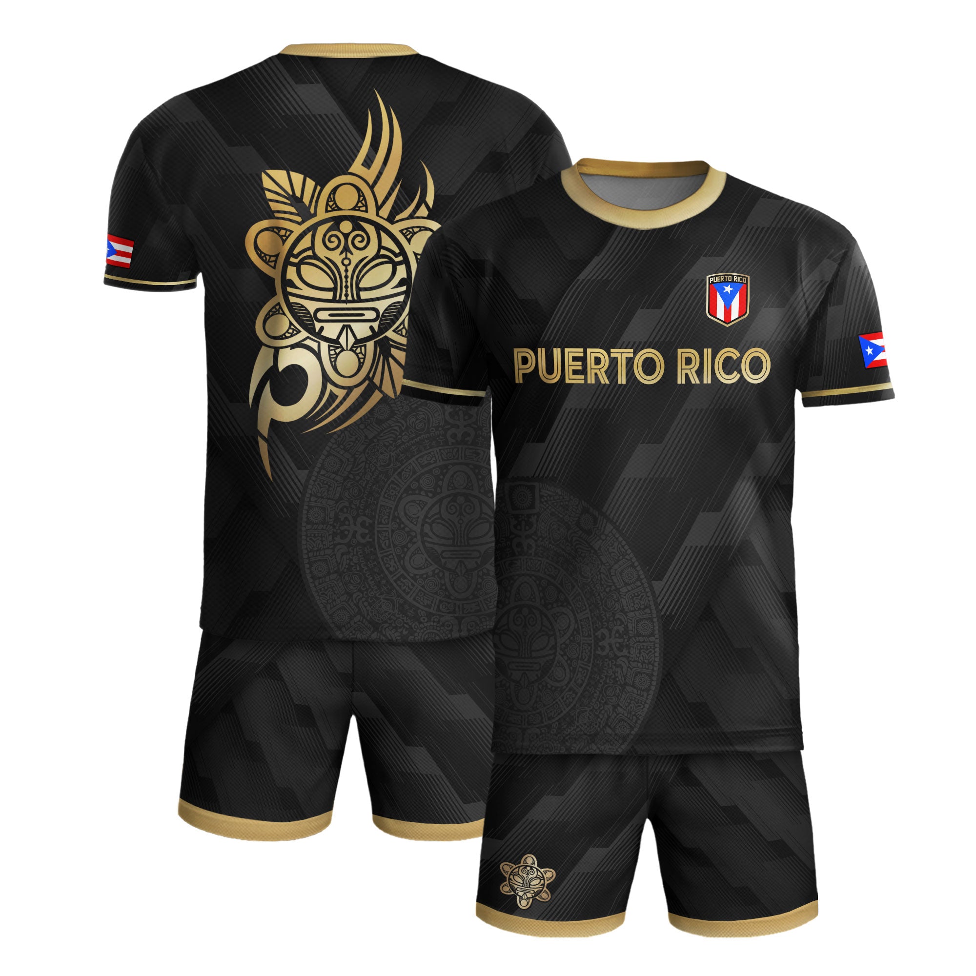 Puerto Rico Flag Boricua Taino Tribal Mask Gold Black National Pride Soccer Jersey