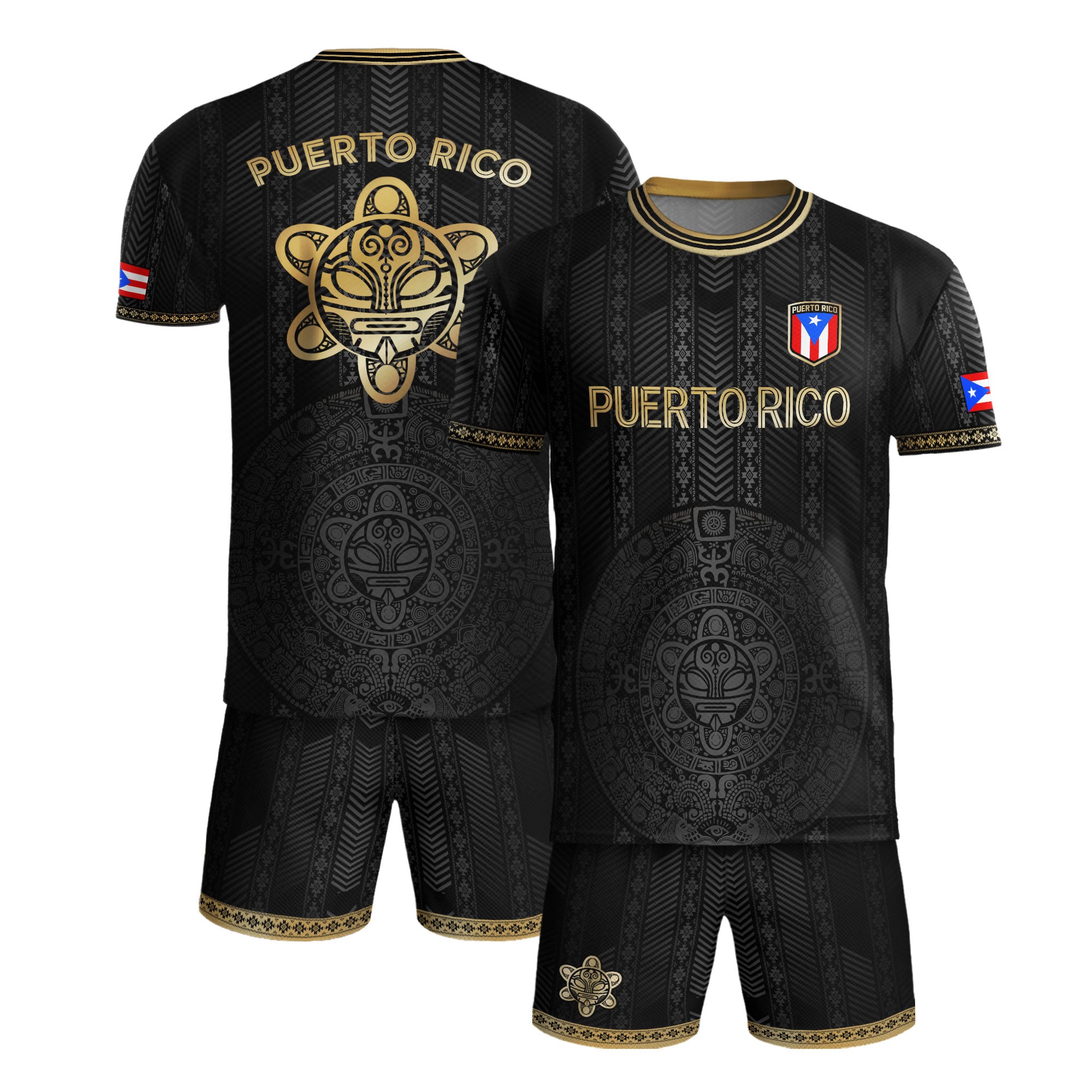 Puerto Rico Flag Boricua Taino Tribal Patterns Gold Black Pride Football Soccer Jersey