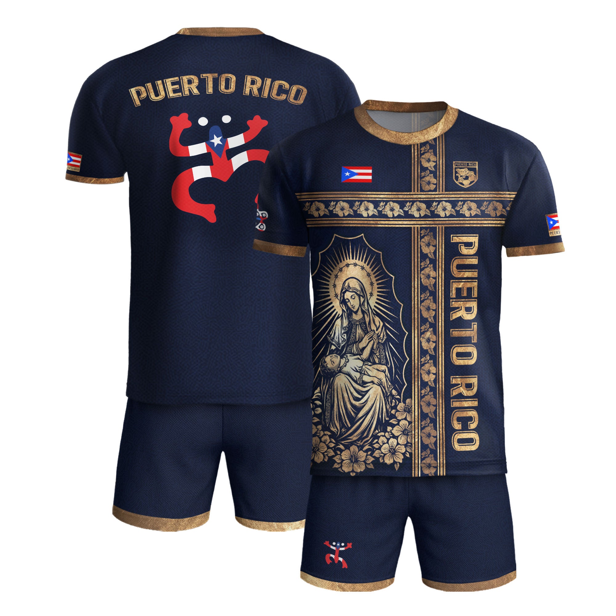 Camiseta de fútbol con máscara taína boricua azul marino de Puerto Rico, bandera tribal, orgullo nacional