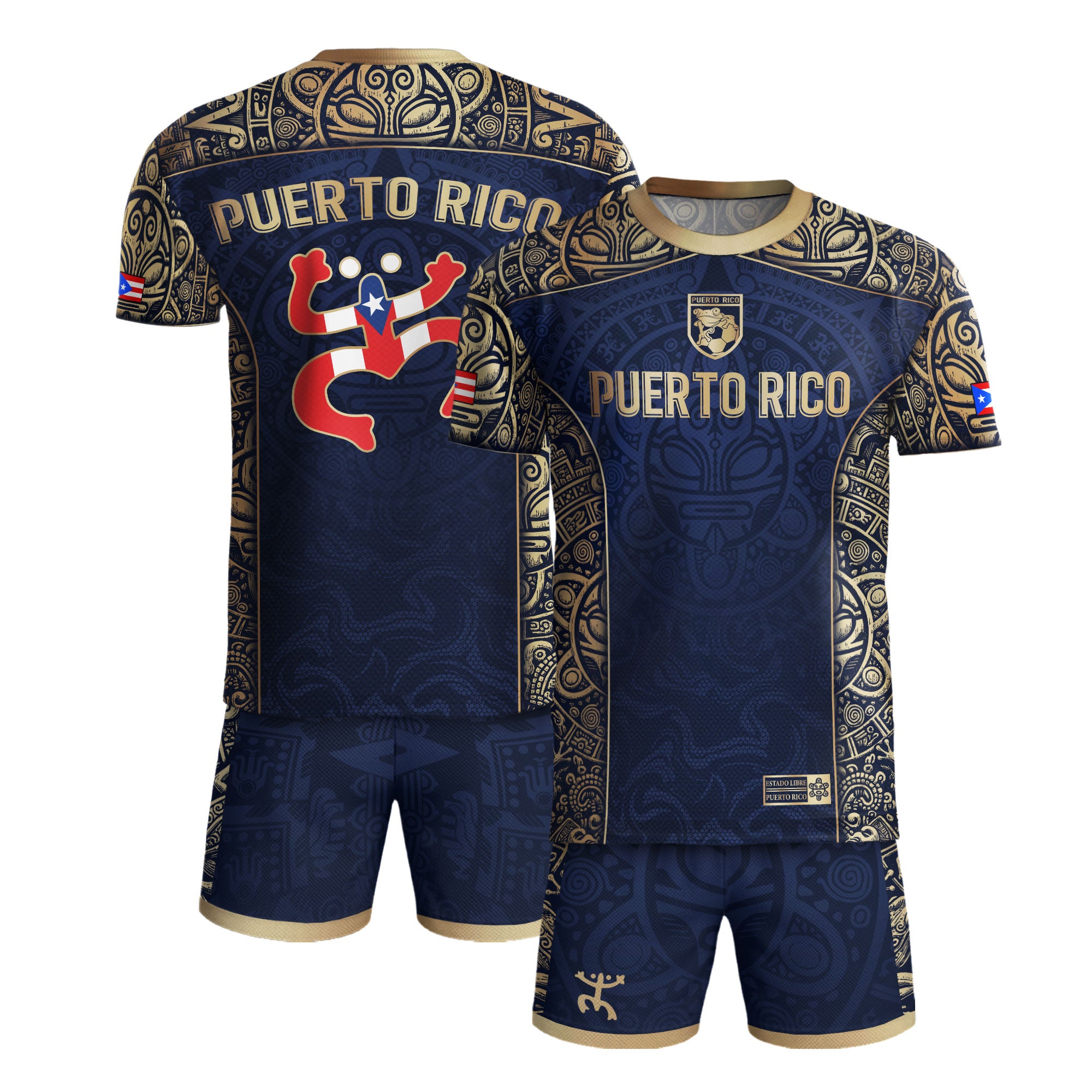 Puerto Rico Flag Boricua Taino Tribal Mask Coqui Navy Gold Pride Soccer Jersey