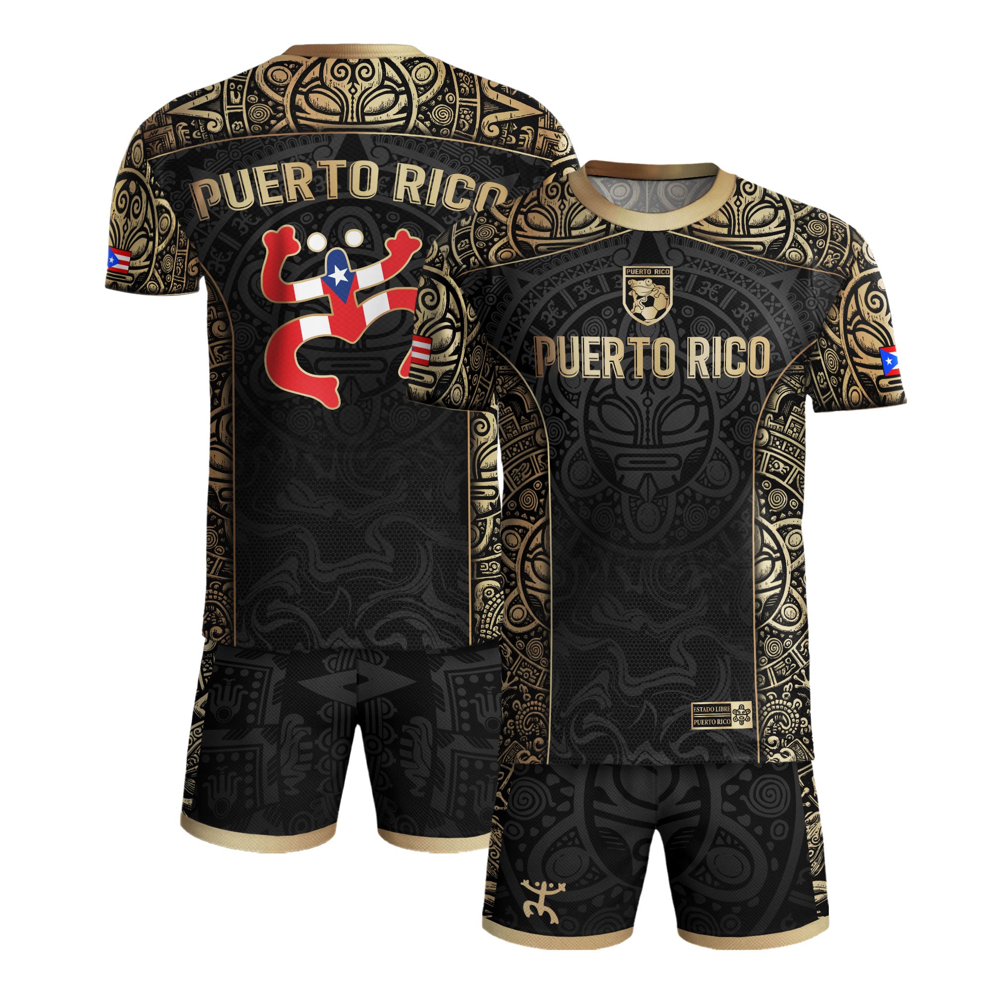 Puerto Rico Boricua Coqui Frog Taino Tribal Black Gold National Soccer Jersey