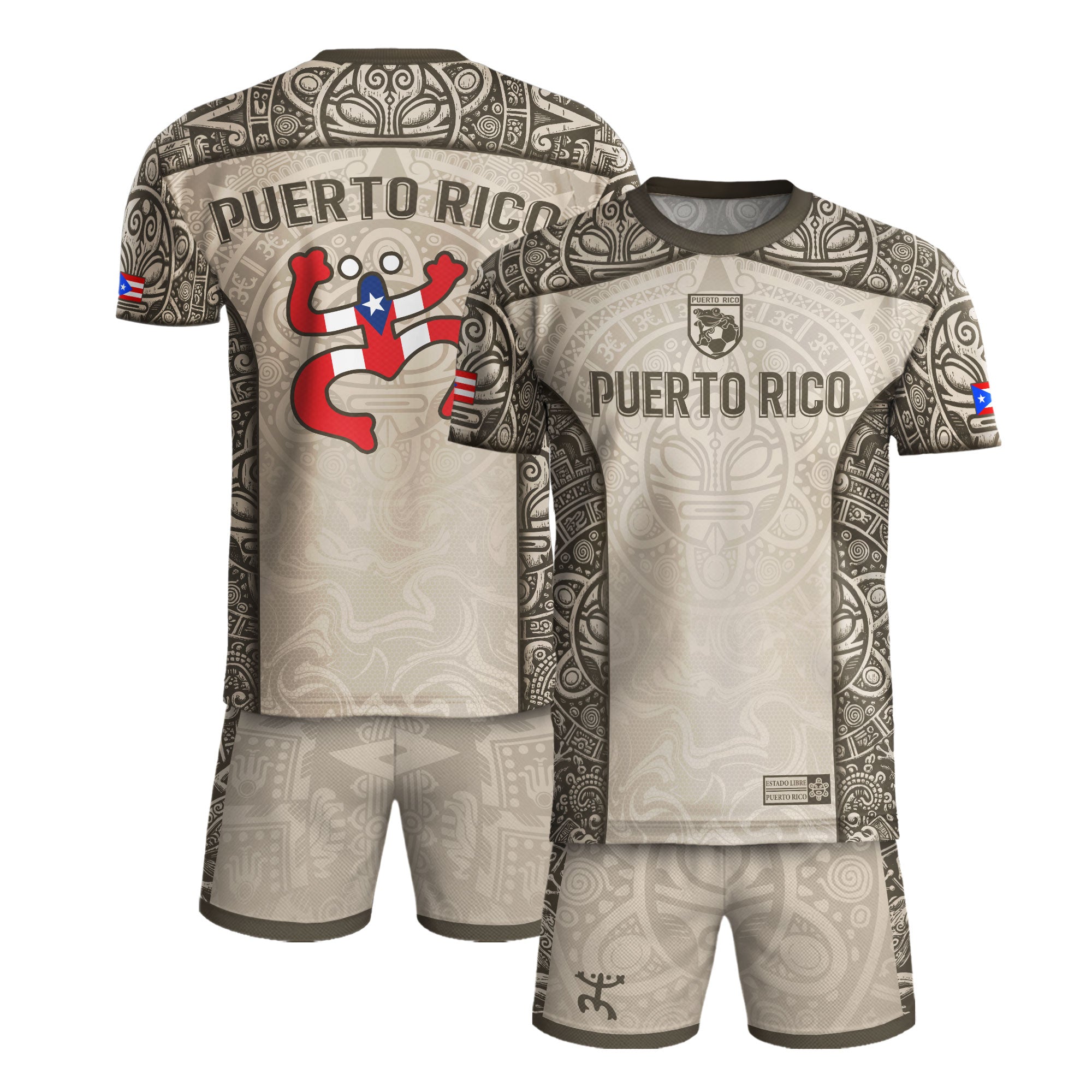 Puerto Rico Boricua Coqui Frog Taino Tribal Beige Gold National Soccer Jersey