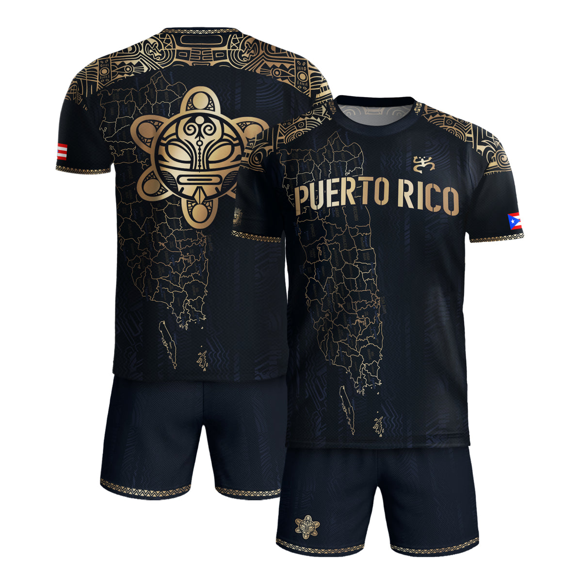 Puerto Rico Map Boricua Taino Tribal Gold Navy Patriotic Sport Soccer Jersey