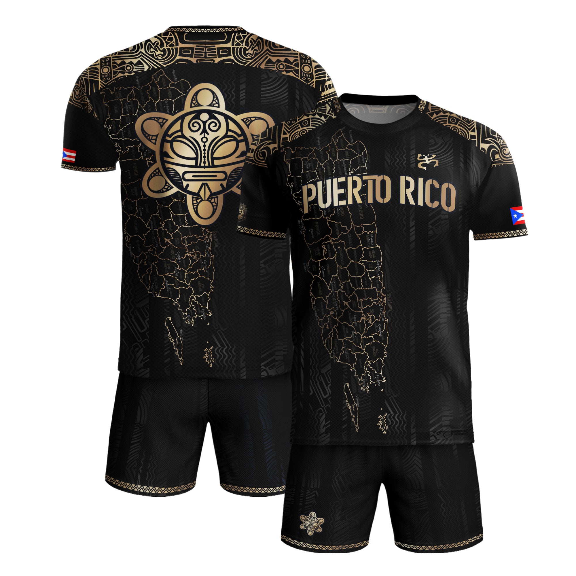 Camiseta de fútbol con el símbolo del mapa tribal boricua negro y dorado de Puerto Rico, herencia nacional