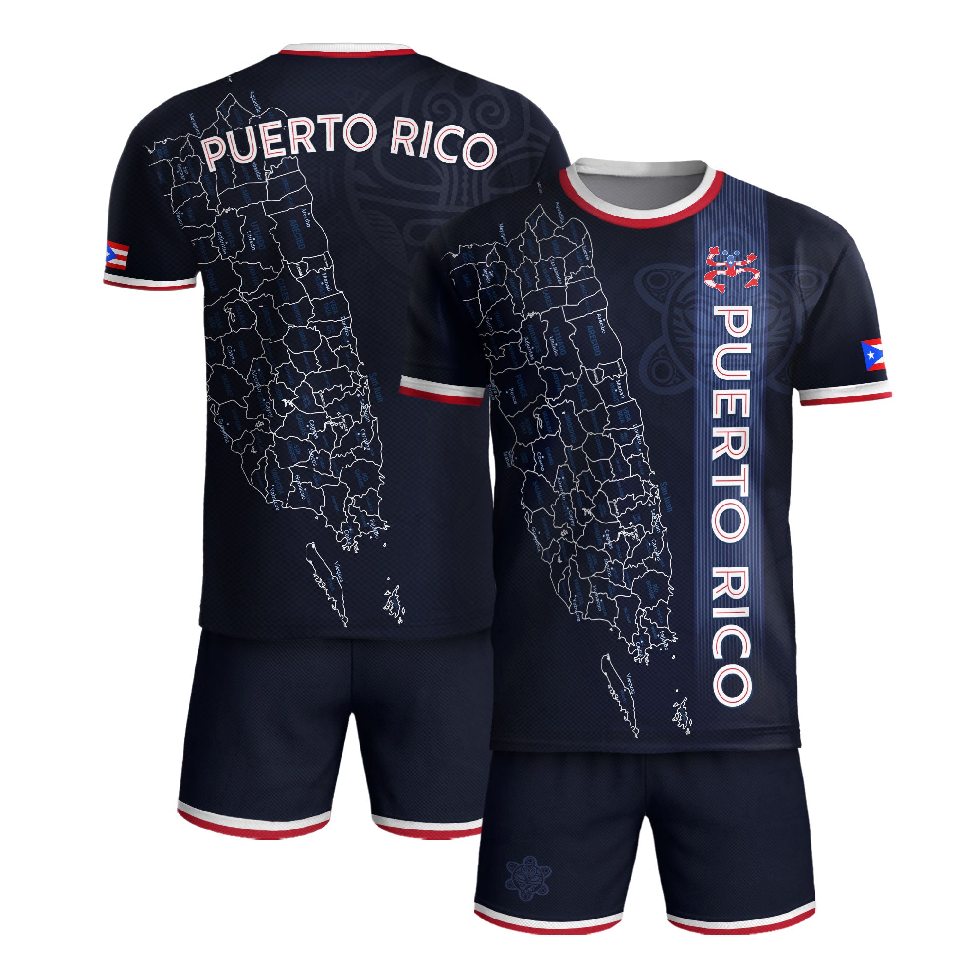 Puerto Rico Boricua Azul Marino Coqui Taino Tribal Mapa Orgullo Nacional Camiseta de Fútbol