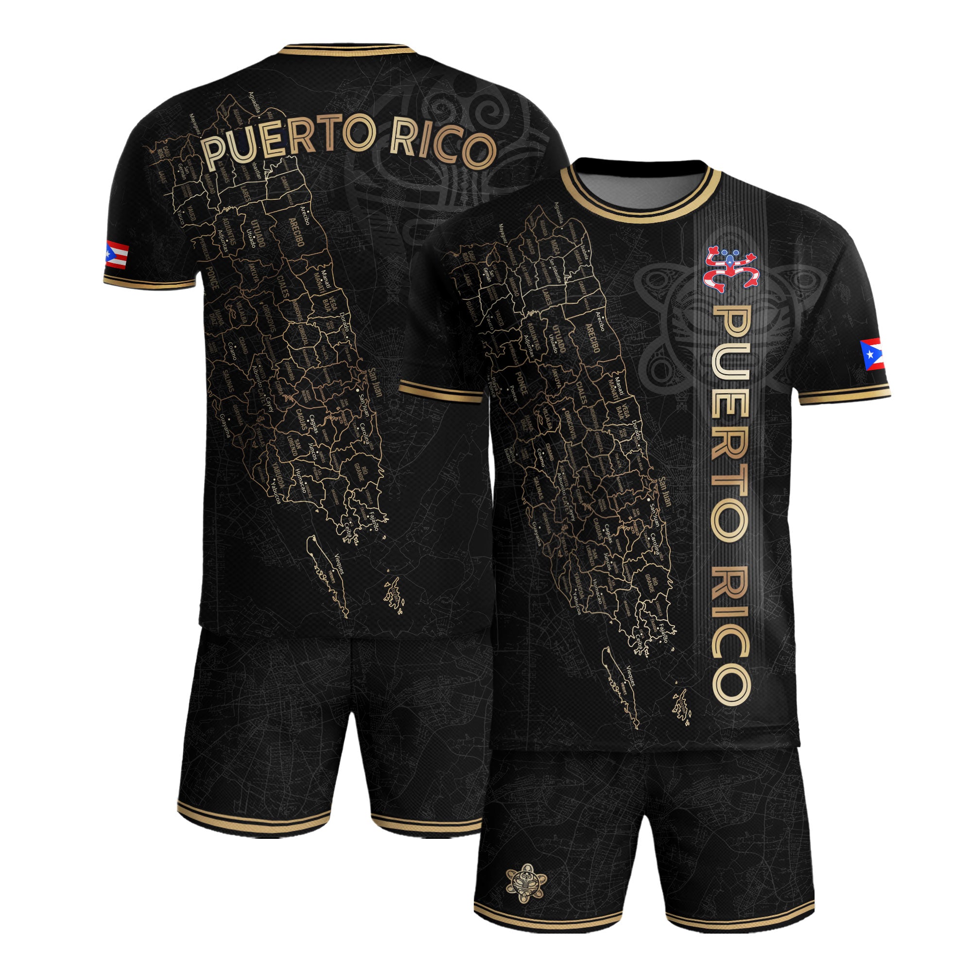 Camiseta nacional de fútbol con símbolos tribales boricuas y taínos de Puerto Rico en oro negro