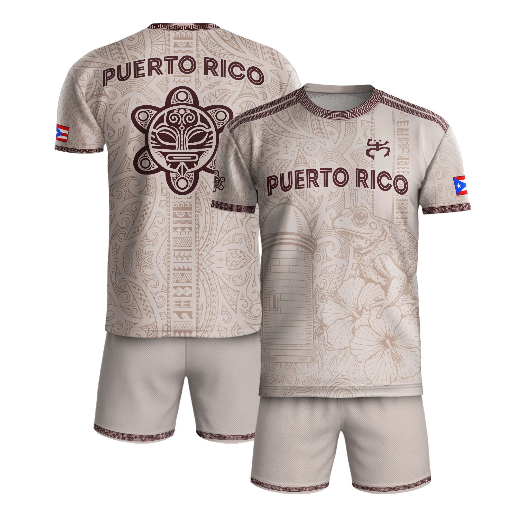 Camiseta de fútbol de Puerto Rico con símbolo tribal blanco burdeos y herencia nacional