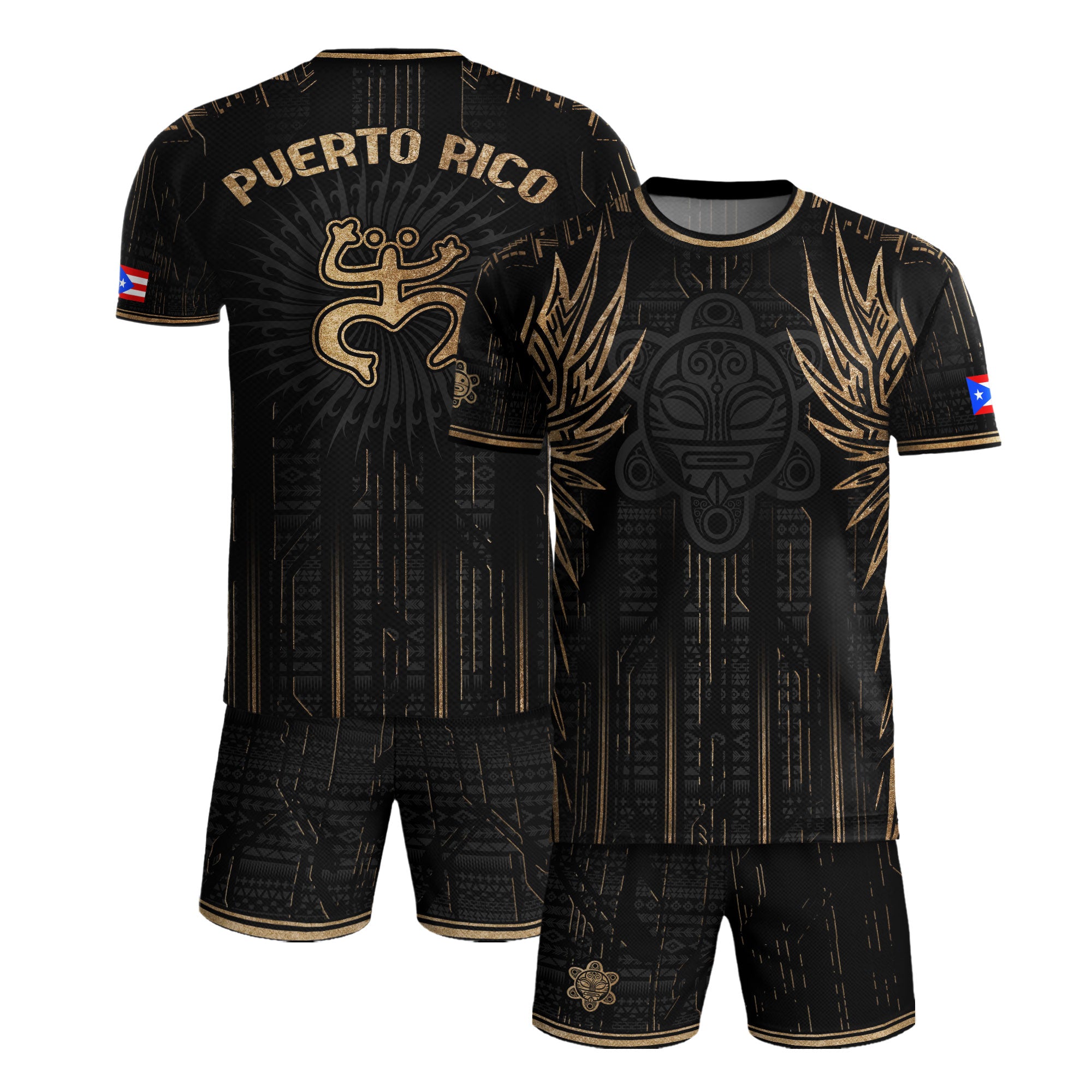 Camiseta de fútbol de la herencia nacional del guerrero tribal negro y dorado de Puerto Rico